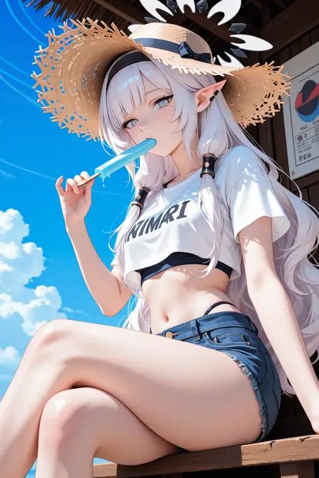 1girl,absurdres,alternate_costume,bikini,black_bikini,black_hairband,blue_archive,crop_top,crossed_legs,denim,denim_shorts,earclip,food,hair_tubes,hairband,halo,hat,highres,himari_\(blue_archive\),long_hair,looking_at_viewer,mola_\(mola526\),mole,mole_under_eye,multicolored_halo,pointy_ears,popsicle,shirt,shorts,sitting,solo,straw_hat,swimsuit,two-tone_halo,white_hair,white_halo,white_shirt