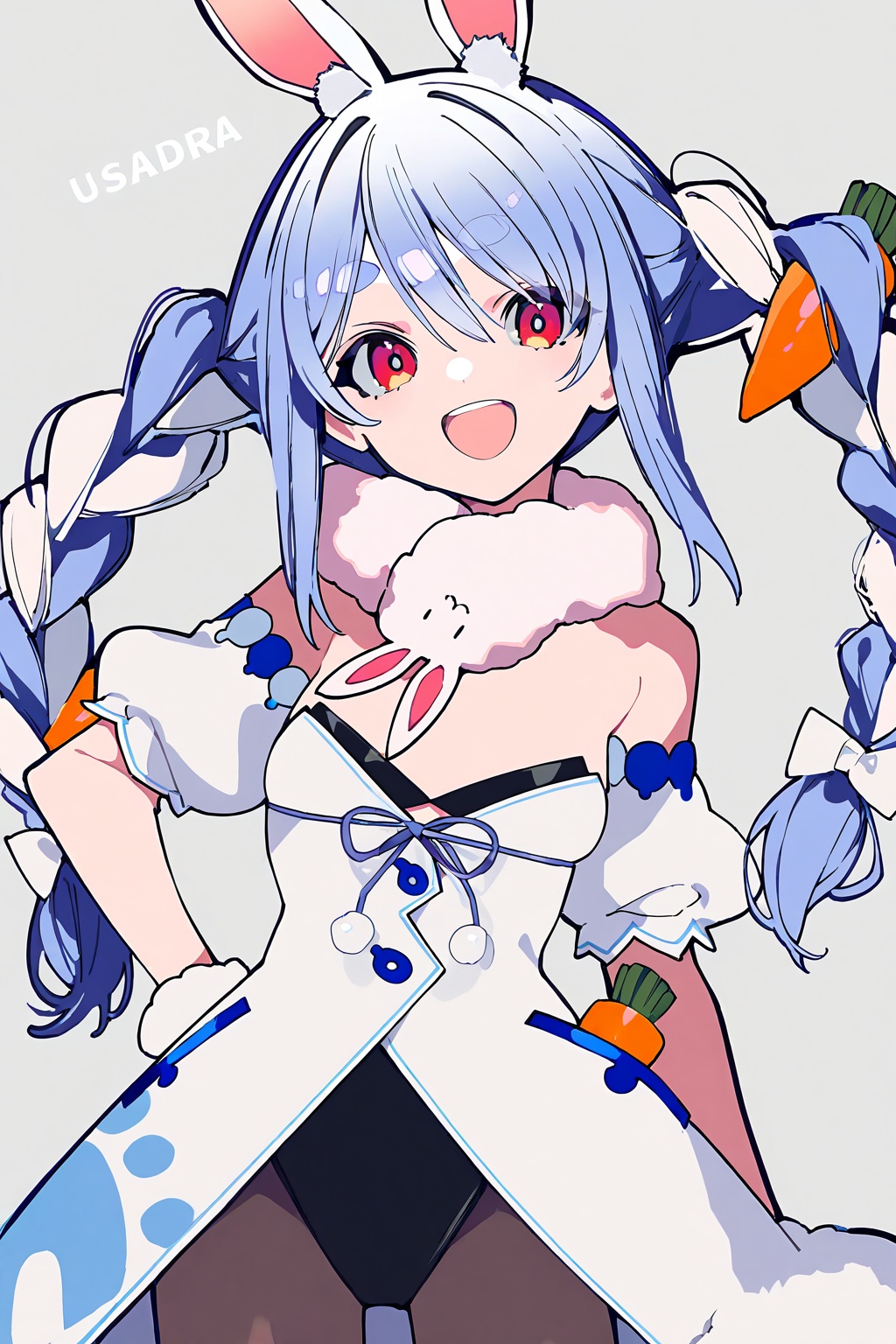masterpiece,best quality,newest,absurdres,highres,safe,1girl,virtual youtuber,usada pekora,usada pekora \(1st costume\),animal ears,solo,rabbit ears,food-themed hair ornament,carrot hair ornament,gloves,long hair,black gloves,blue hair,v,braid,hair ornament,twin braids,pantyhose,breasts,don-chan \(usada pekora\),open mouth,fur-trimmed gloves,animal ear fluff,white hair,fur trim,looking at viewer,small breasts,multicolored hair,dress,rabbit girl,leotard,two-tone hair,character name,red eyes,detached sleeves,fur scarf,smile,twintails,black leotard,grey background,white dress,simple background,black pantyhose,hair between eyes,leotard under clothes,hand on own hip,thick eyebrows,arm cuffs,strapless,teeth,short sleeves,puffy sleeves,coat dress,upper teeth only,puffy short sleeves,strapless dress,carrot,short eyebrows,cowboy shot,white coat,:d,<lora:Mochi_style_v1-000072:0.85>,