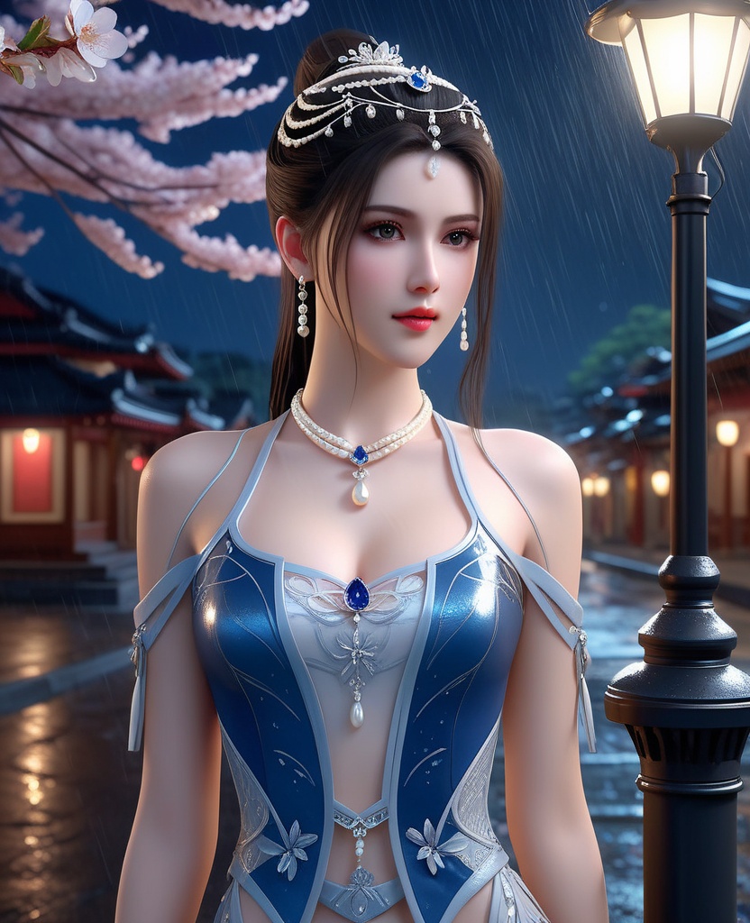 <lora:659-DA-XL-武动乾坤-绫清竹:0.8>(,1girl, ,best quality, ),looking at viewer, ,ultra detailed 8k cg, ultra detailed background,  ultra realistic 8k cg,          cinematic lighting, cinematic bloom, (( , )),,  , unreal, science fiction,  luxury, jewelry, diamond, pearl, gem, sapphire, ruby, emerald, intricate detail, delicate pattern, charming, alluring, seductive, erotic, enchanting, hair ornament, necklace, earrings, bracelet, armlet,halo,masterpiece, (( , )),,  ,cherry blossoms,(((, night,night sky,lamppost,  ultra high res, (photorealistic:1.4), raw photo, 1girl, , rain, sweat, ,wet, )))(( , ))   (cleavage), (),