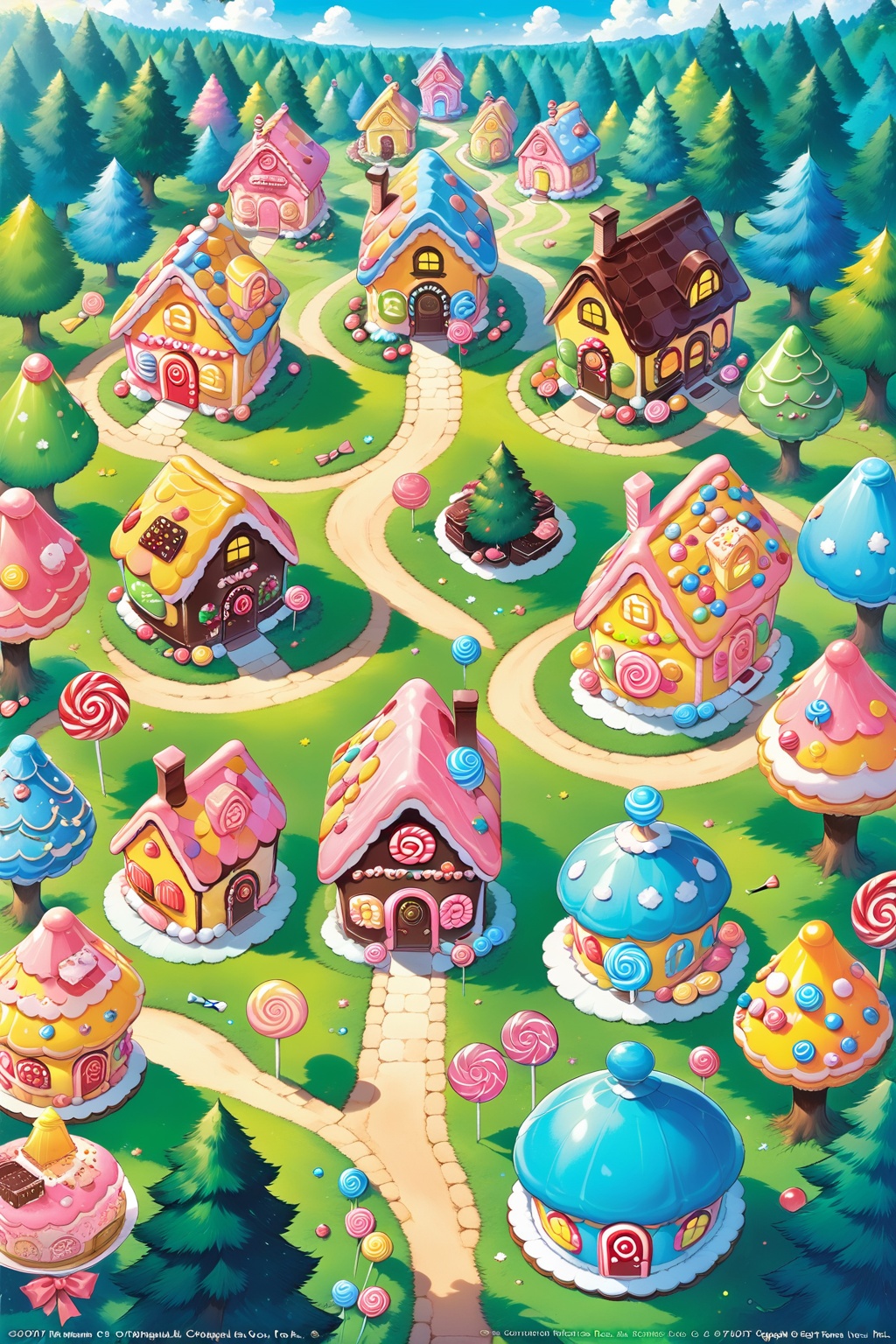 ((Masterpiece)), ((Best quality)), ((Official art,)), ((from top :1.4)), (House, Candy House :1.3), Chocolate, lollipops, candy, cookies, cakes, desserts, fairytale world, (Forest, woods, trees, grass :1.2), outdoor, daytime, (Color/candy color theme :1.2), Spring, (Official art,) Tender green grass, tender green leaves， <lora:lora:0.9>