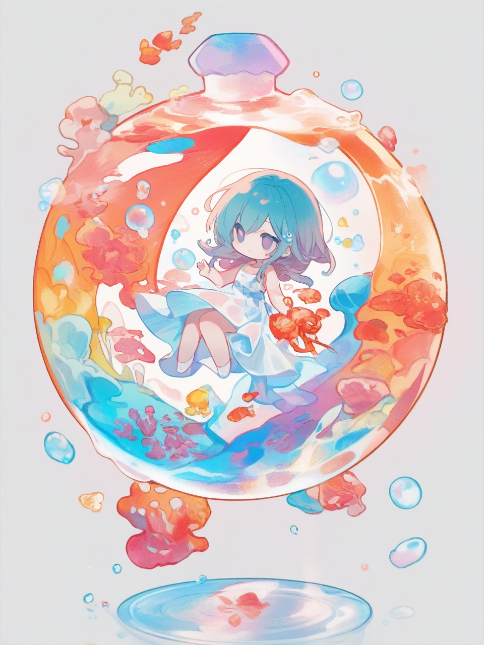 chibi,1girl,beautiful,white background,water drops,wet clothes,beautiful detailed water,floating,((colorful bubble)),(floating),detailed light,