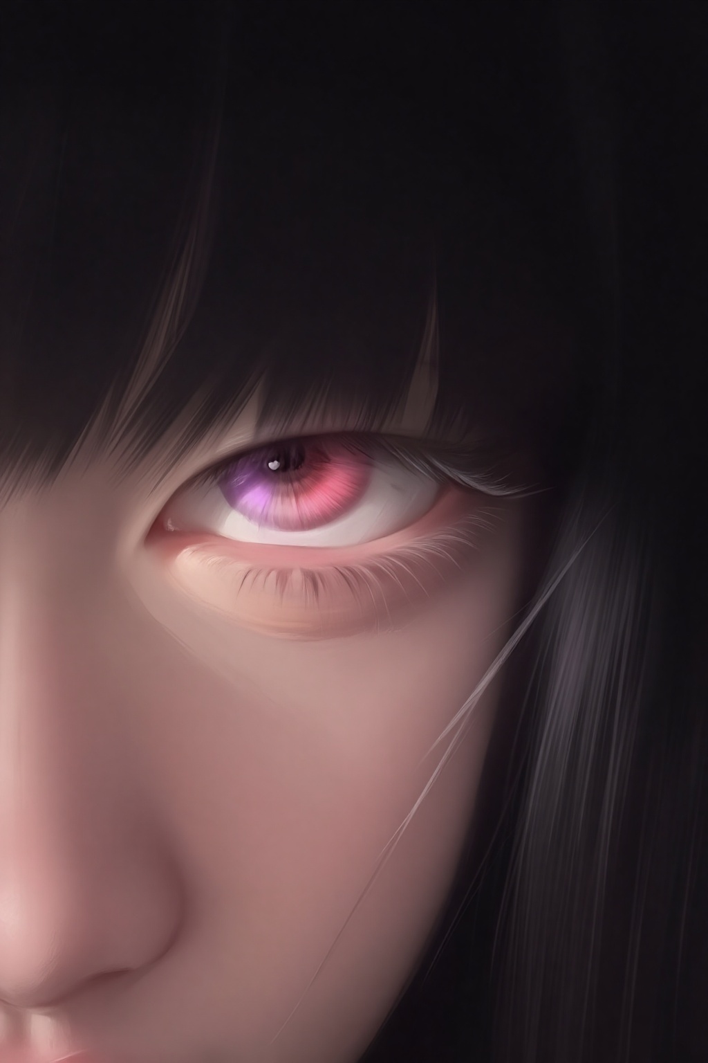 ZOZ_HEHUHU,ZOZ_YM,The image depicts a close-up of a character with long black hair and a prominent pink and purple eye. The characters eye on the left is red with a white heart symbol in the center,while the eye on the right is purple. The background is dark,with a subtle glow around the characters face,emphasizing the contrast between the two eyes. The overall atmosphere is moody and mysterious,with a focus on the characters expressive gaze.,