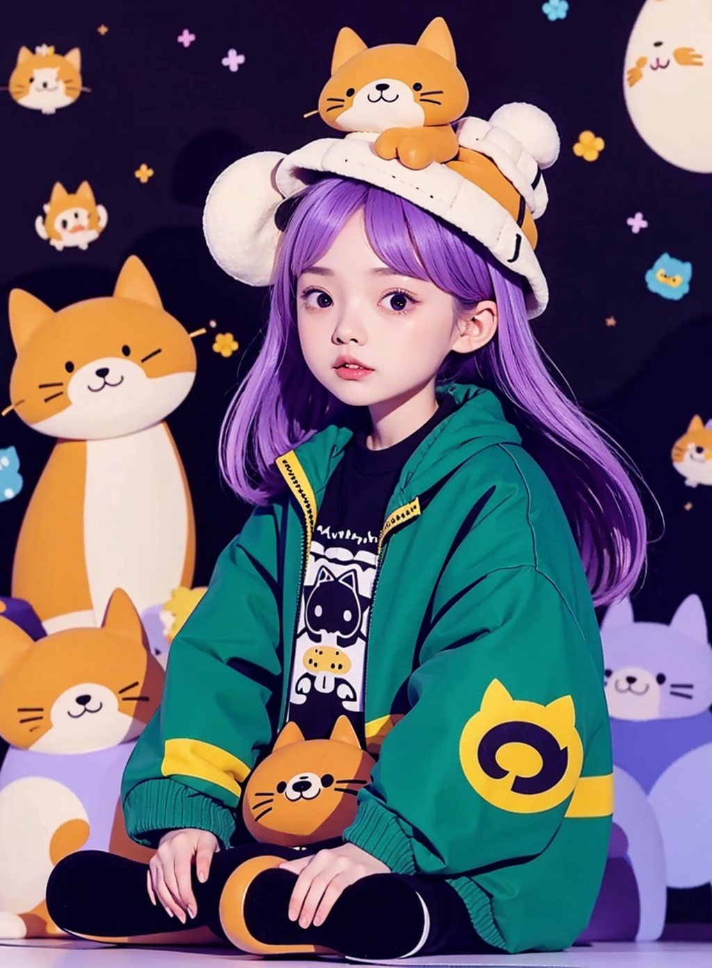 <lora:zgmaomao-000006:0.7>,1girl,zgmaomao,dog,solo,pink hair,hat,cat_on_head,sit,purple_jacket,long hair,kabutops,green_theme,