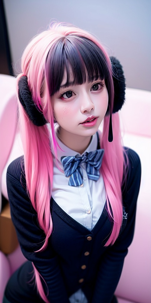 1girl,solo,pink hair,headphones,twintails,bangs,long hair,flower,bow,cardigan,blunt bangs,parted lips,black eyes,bowtie,lips,