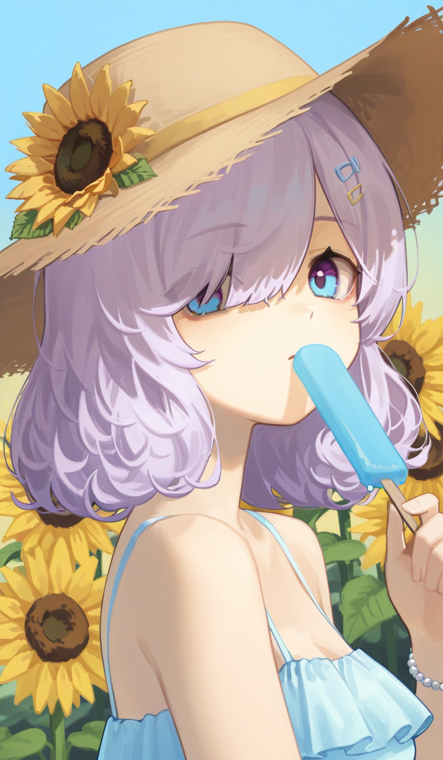 simple background,Gradient background,(close-up:1.3),(portrait:1.5),Focus on the face,looking at viewer,(upper body:1.5),(Character tone background:1.3),1girl,solo,curly hair,purple eyes,blue eyes,medium hair,hair over one eye,straw hat,Beige hair,Light purple hair,yellow hairpin,exposing shoulders,sky blue sundress,frilled dress,sky blue sandal,white pantyhose,fine fabric emphasis,bead bracelet,Sunflower field,Eat a Popsicle,Adjust cap,<lora:YoonYorry-Style:1.2>,