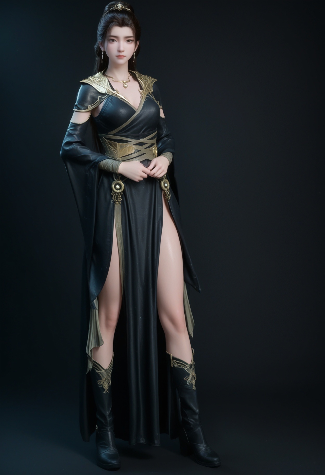 (standing full_body:1.1),score_9,score_8_up,masterpiece,(best quality),intricate details,facing viewer,(looking at viewer:1.1),<lora:YQ_pony_yanruyan_V4:0.8>,q1528437228,1girl,solo,black hair,long hair,jewelry,earrings,necklace,black dress,dress,black eyes,long sleeves,hair bun,ponytail,wide sleeves,sash,single hair bun,hair ornament,detached sleeves,brown hair,pale skin,boots,black footwear,BREAKscore_9,score_8_up,masterpiece,(best quality),perfect anatomy,(hourglass),perfect face,(simple background,pure black background,black background:1.1),fair_skin,shiny_skin,Ivory_skin,