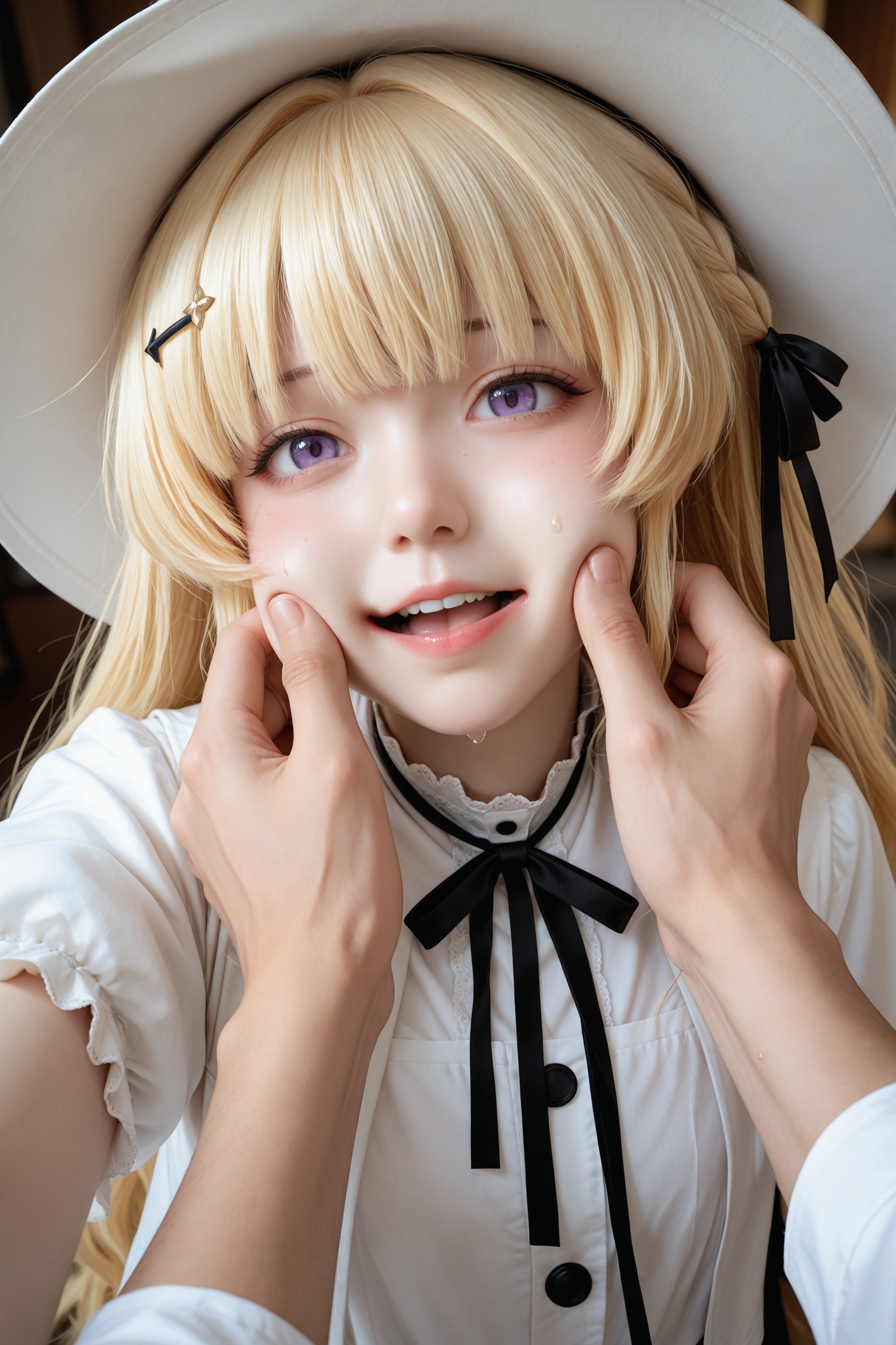 1boy,1girl,phoebe \(wuthering waves\),black ribbon,blonde hair,cheek pinching,cross hair ornament,hair ornament,hair ribbon,hat,long hair,looking at viewer,open mouth,pinching,ribbon,shirt,solo focus,sweat,teeth,upper body,upper teeth only,white hat,white shirt,purple eyes,hat,