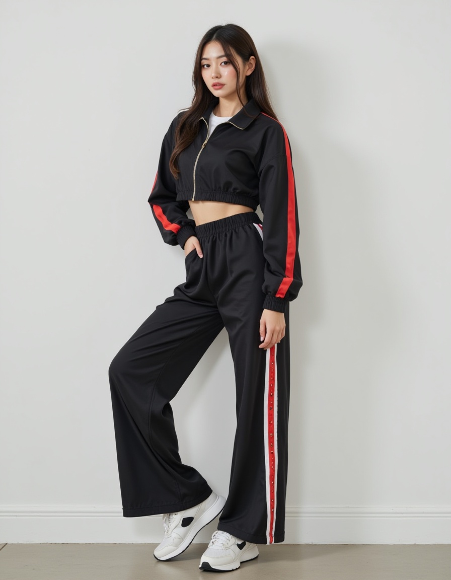 a real picture of a south korea woman,In Cropped windbreaker and track pants with side snaps,