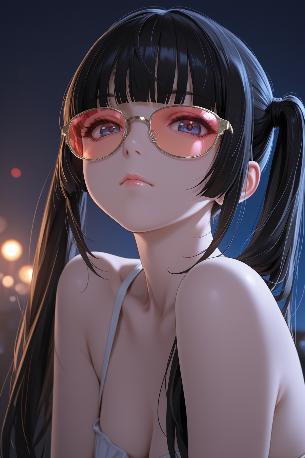 masterpiece,best quality,amazing quality,very aesthetic,absurdres,newest,highres,(yd \(orange maru\):0.8),(fumihiko \(fu mihi ko\):0.4),1girl,solo,long_hair,looking_at_viewer,bangs,bare_shoulders,twintails,closed_mouth,sidelocks,glasses,blunt_bangs,lips,eyelashes,portrait,close-up,tinted_eyewear,night,faint light,