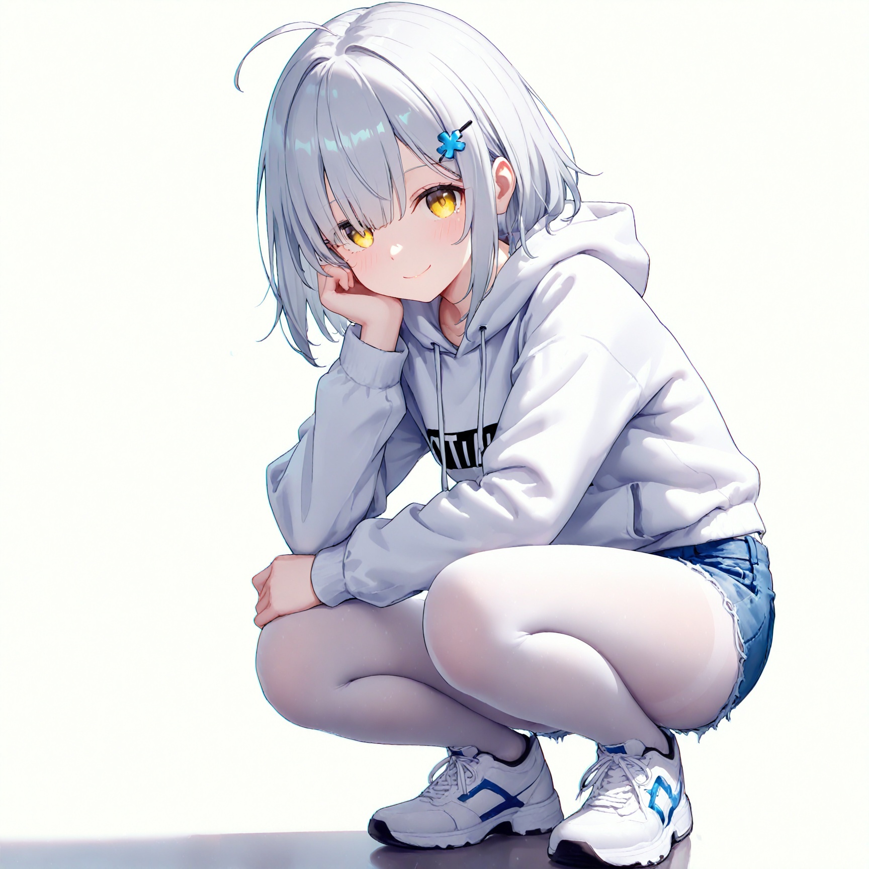 masterpiece,very awa,highres,absurdres,newest,best quality,white_background,simple_background,//,1girl,pantyhose,bunches,white_pantyhose,squatting,silver hair,solo,shorts,hoodie,hood,hair_ornament,shoes,white_hoodie,white_footwear,yellow_eyes,denim_shorts,looking_at_viewer,sneakers,denim,hairclip,pantyhose_under_shorts,blue_shorts,closed_mouth,smile,blush,long_sleeves,thighs,drawstring,ahoge,//,year_2023,year_2024,//,//,<lora:buzhidao228——【noob】hans:0.8>,