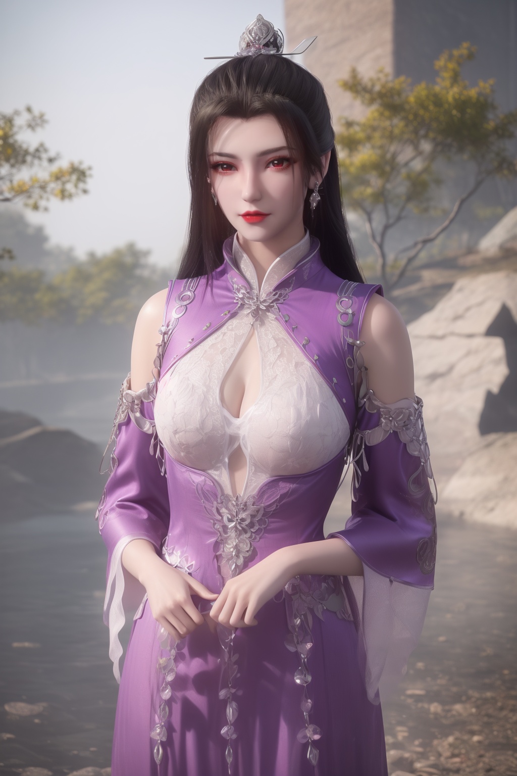 photo_\(medium\),(8k, RAW photo, best_quality),(masterpiece:1.2),(realistic:1.2),(photorealistic:1.3),(ultra-detailed),(extremely_detailed_cg_8k_wallpaper),(crystal_texture_skin:1.3),(shiny:1.2),(shiny_skin:1.4),(extremely_delicate_and_beautiful),shenfengLiuMei,1girl,solo,torogao,red lips,breasts,large breasts,purple dress,detached sleeves,standing,jewelry,hair ornament,earring,realistic,looking at viewer,<lora:shenfengLiuMei_20240619002414-000004:0.7>,