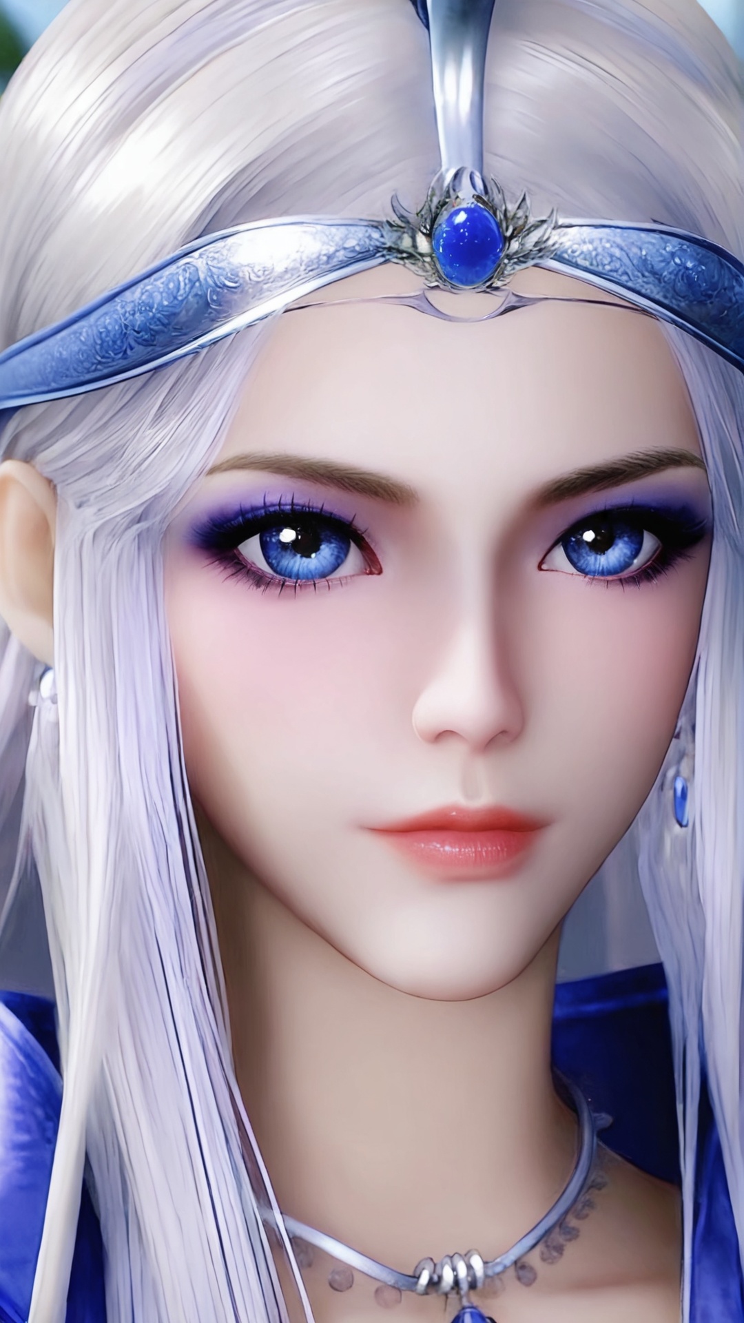 The image is a close-up portrait of a young woman with long white hair and blue eyes. She is wearing a blue and white outfit with a silver headband that has a blue gemstone in the center. The woman has a serious expression on her face and is looking directly at the camera. The background is blurred, but it appears to be an outdoor setting with trees and buildings. The overall mood of the image is mystical and dreamlike.,<lora:pony雪女:0.8>,