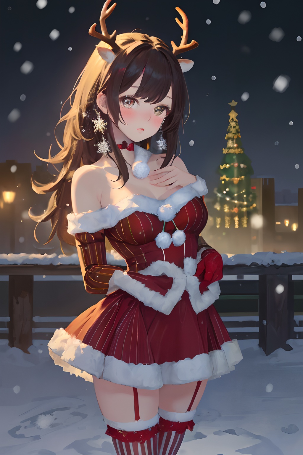 christmas dres,s1girl,christmas,bare shoulders,antlers,(cowboy shot close-up),standing,exquisite eyes,night,cityscape,snowing,striped stockings,elegant posture,(an extremely delicate and beautiful),(best quality),((masterpiece)),intricate detail,(masterpiece, high quality, best quality),<lora:christmas dress-000006:0.6>,