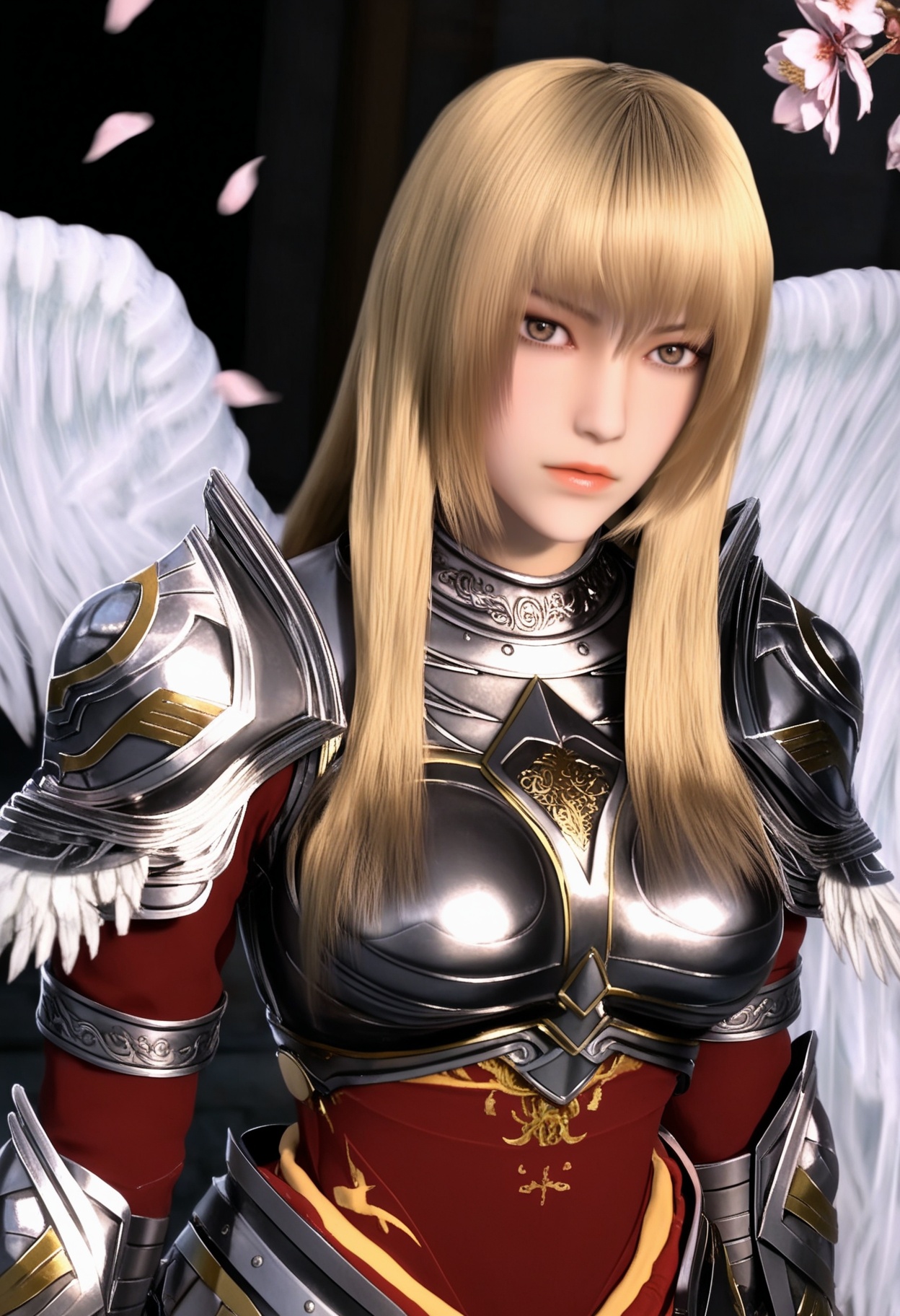 masterpiece,best quality,amazing quality,very aesthetic,high resolution,ultra-detailed,absurdres,scenery,photorealistic,(looking at viewer:1.1),(upper body:1.2),(Dark room:1.3),(moody lighting:1.1),peach blossom,falling petals,(large breasts:0.8),tianshiyan,1girl,blonde hair,solo,long hair,armor,shoulder armor,lips,angel wings,brown eyes,breastplate,realistic,skirt,boots,close-up,portrait BREAK photorealistic details,<lora:QQSilltianshiyanV1>,