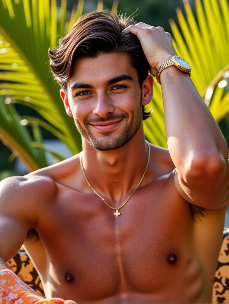 Ferran Torres ,  male focus. shirtless . he is smiling. hypnotic eyes. multiple pose positions. light particles. sparkling...