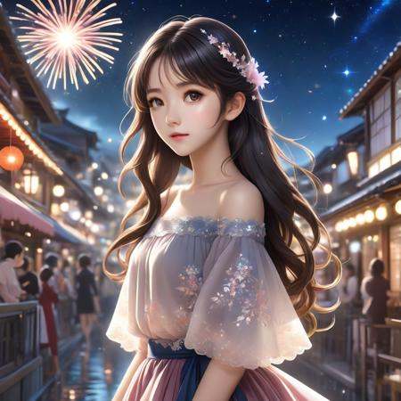 ((extremely detailed CG unity 8k wallpaper)),(masterpiece), (best quality), (ultra-detailed), (best illustration),(best shadow), (an extremely delicate and beautiful), ((((1girl)))), dynamic angle, floating, finely detail, (bloom), (shine), glinting stars, ((((best detailed fireworks)))), ((((depth of field)))), (((hanabi))), Beautiful detailed girl, (((backlight))), extremely delicate and beautiful girls, ((summer long skirt)), (((solo))), best detailed hair, ((beautiful detailed water)), night sky, (((small breast))), beautiful detailed sky, beautiful detailed eyes, (((arms behind back))), long hair, (((dynamic angle))), long skirt