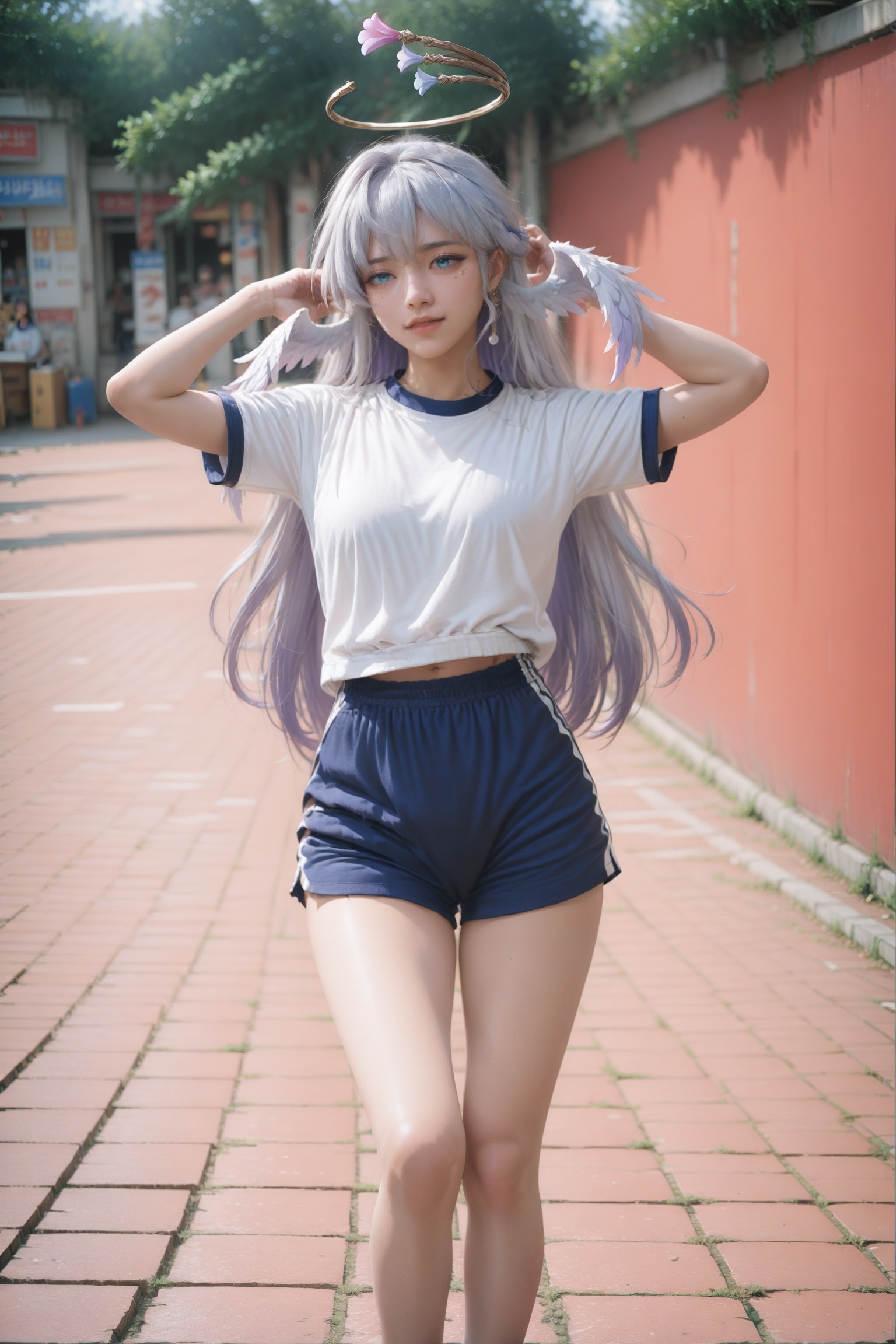 realistic photography,detailed,.,.,.,1girl,feet out of frame,.,<lora:ME:0.9>,art,hime cut,pose,robin \(honkai: star rail\),white hair,gym_uniform,, very awa, masterpiece, best quality, highres, absurdres,