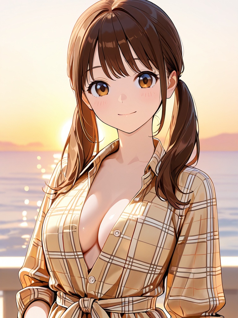 front view a beautiful young brunette woman with twintails with deep brown eyes wearing a sexy cropped golden hour eyelet...