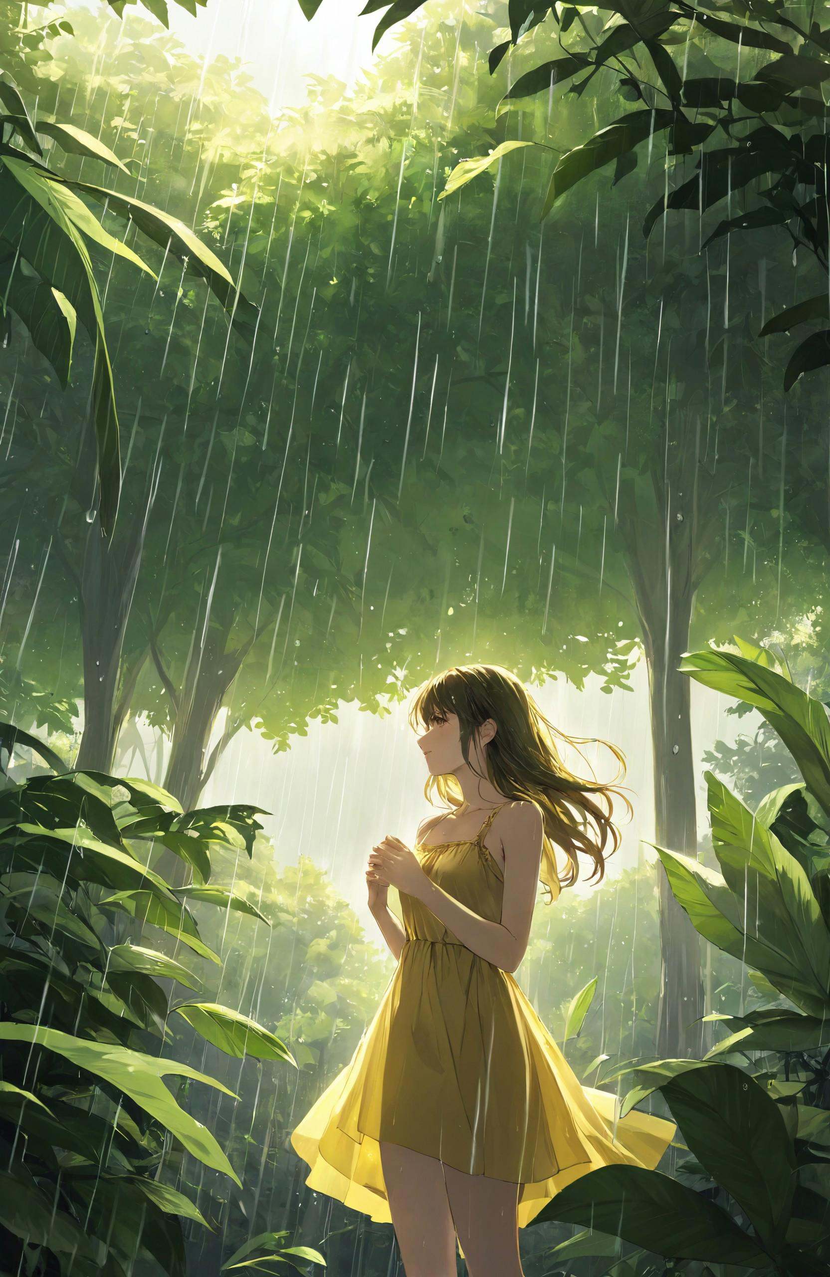 A girl in a yellow dress stands under a canopy of lush green leaves,  her hair blowing gently in the wind. The scene is se...