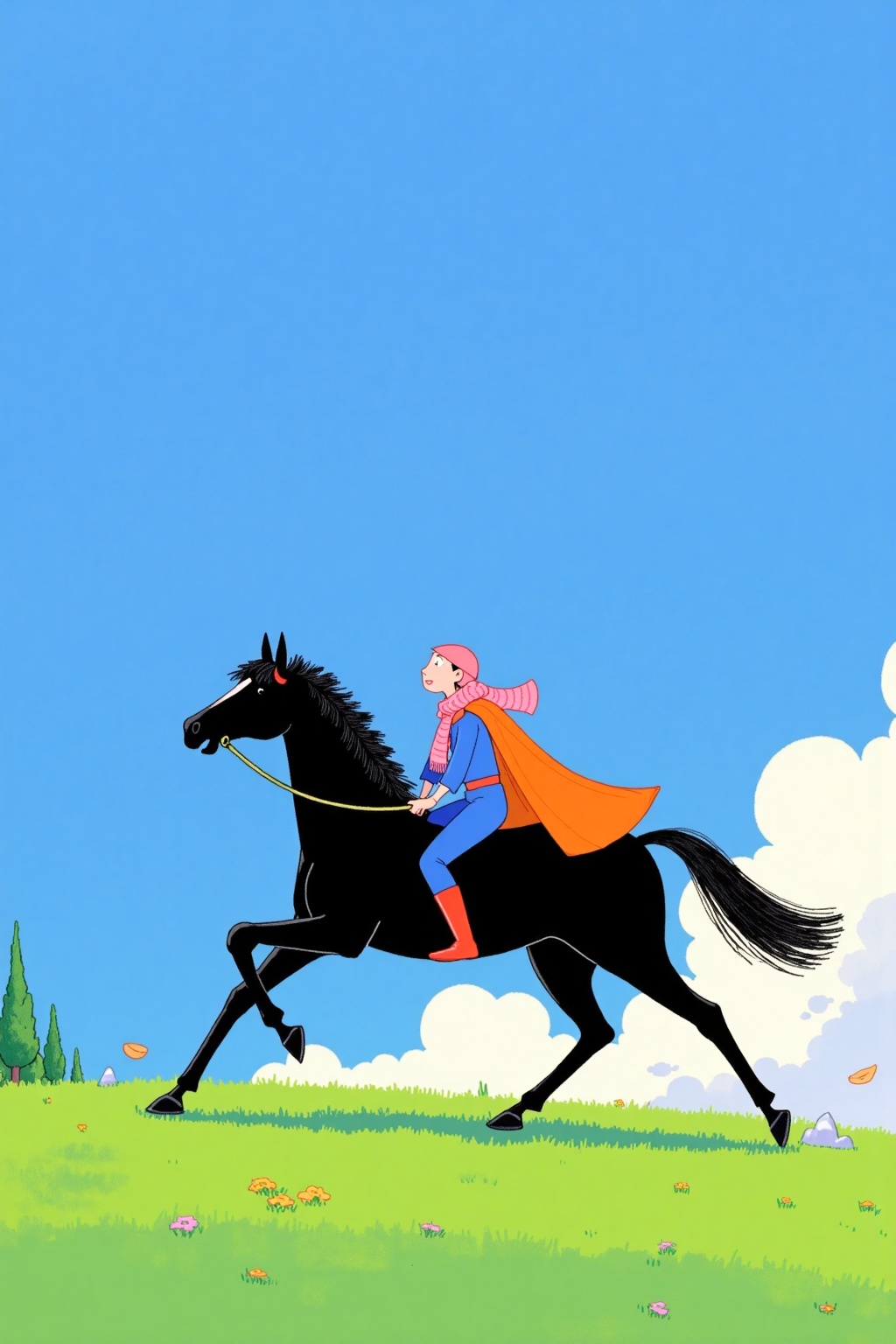 beijihui,a medium-sized black horse with a black mane is running across a grassy field. The horse's mane and tail are black, while the horse's tail is a darker shade of black. A woman, dressed in a blue shirt, blue pants, and a red hat, is riding the horse. She is holding a long orange cape, while her legs are bent at the knees. The sky is a deep blue, with a few wispy white clouds in the distance. The woman's head is covered in a pink scarf, adding a pop of color to the scene.