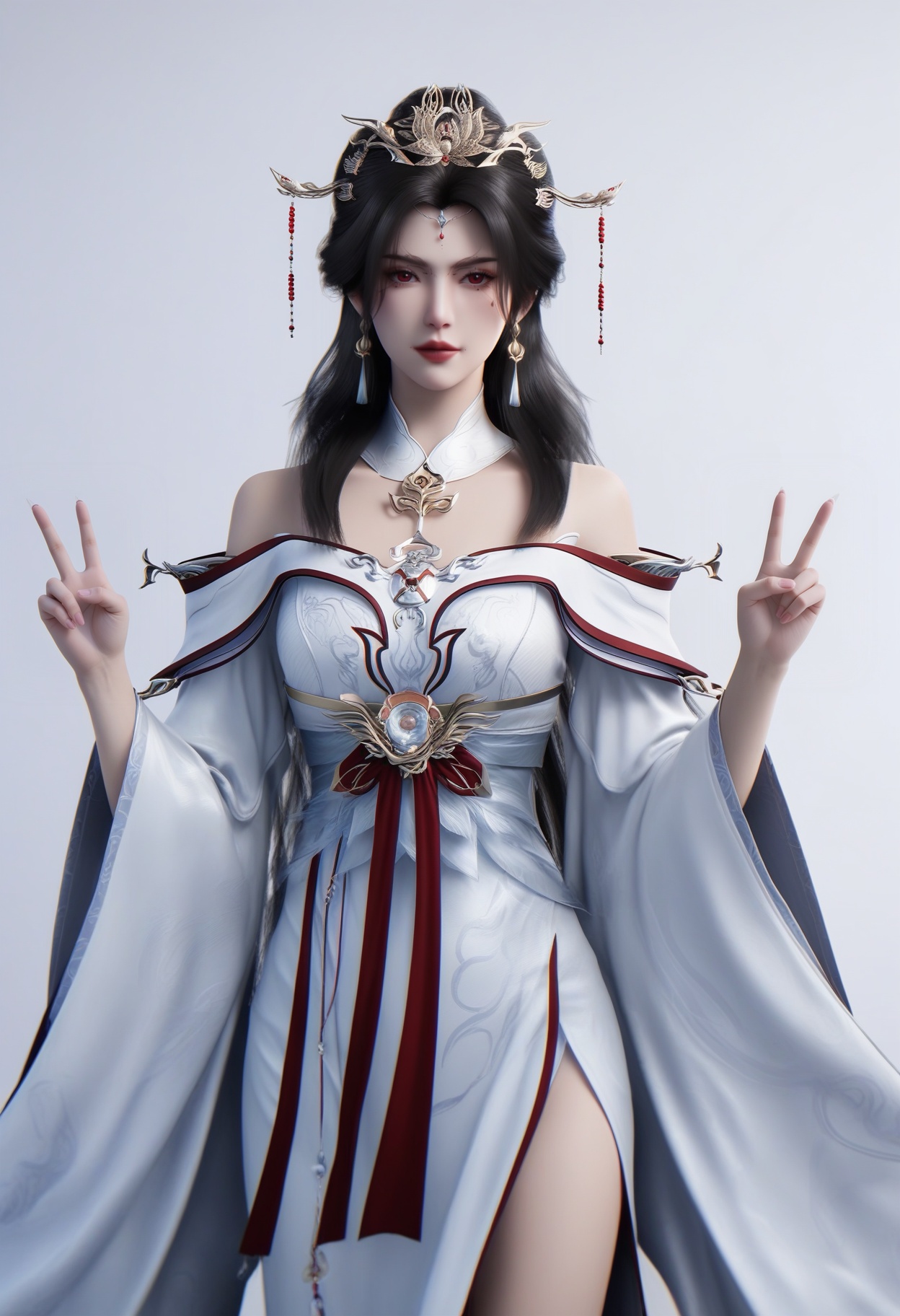 (score_9),(mature_female),collarbone,<lora:姚惜雪-Apony-000009:0.85>,long hair,black hair,hair ornament,hair beads,jewelry,forehead jewel,tassel earrings,light makeup,tiara,red eyes,mole under eye,detached collar,golden necklace,off-shoulder dress,narrow waist,waist_belt,waist_sash,bare legs,pelvic curtain,BREAKsolo focus,looking at viewer,front view,cowboy shot,(double v),<lora:e肤色滑块:0.8>,(white_skin),BREAKsimple background,white background,