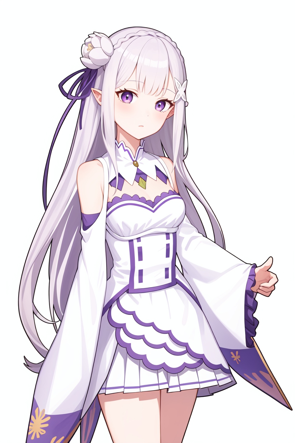 <lora:爱蜜莉雅:1>,a girl named emiliare0,emiliare0,1girl,white flower,purple ribbon,detached sleeves,wide sleeves,pleated skirt,white dress,, (masterpiece,best quality,high quality:1.4),absurdres,