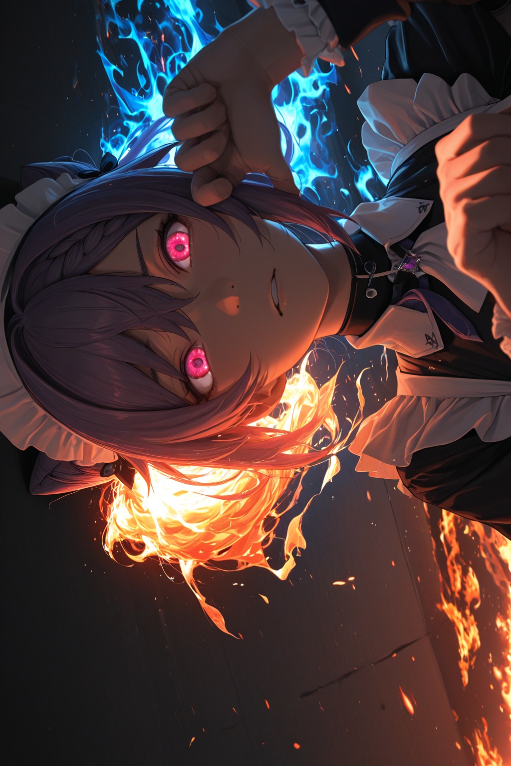 masterpiece,best quality,amazing quality,very aesthetic,absurdres,newest,highres,1girl,maid,keqing,big_hair,Burning hair,fluttering hair,intense light and shadow effects,dazzling firelight,hair combined with flames,sideways,resolute eyes,glowing eyes,eyes bursting with flames,blue flames,