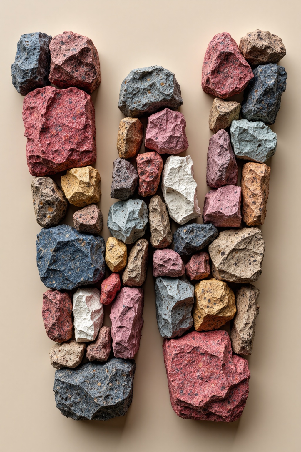beijihui,The image features a creative arrangement of stones forming the letter "W." The stones vary in size, color, and texture, creating a visually interesting and textured composition. The background is a solid, muted beige color, which contrasts with the vibrant colors of the stones, making them stand out prominently. The stones are carefully placed to form the shape of the letter "W," with the largest stones at the bottom and the smallest at the top, giving a sense of depth and dimension.