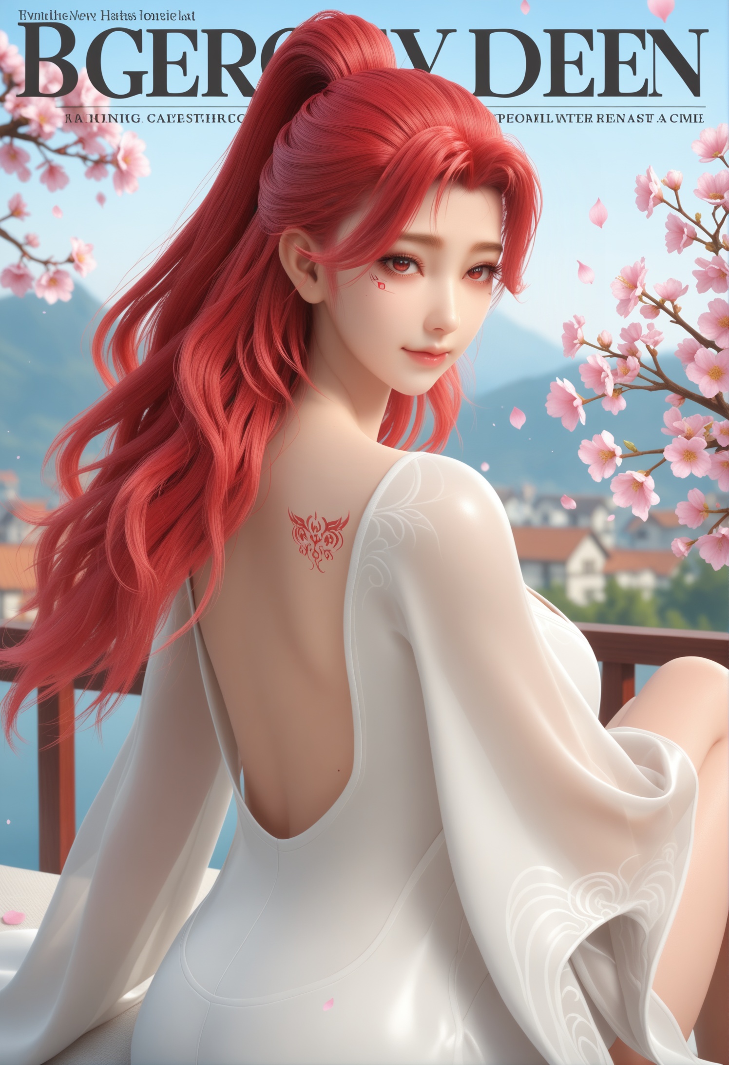score_9,score_8_up,score_7_up,1girl,solo,(sitting:1.4),full_shot,(advertising cover:1.2),(magazine cover theme:1.05),1girl,solo,realistic,dress,white dress,white robe,wide sleeves,see-through silhouette,see-through,see-through sleeves,long sleeves,qq2551213441,petals,breasts,backless outfit,back tattoo,back,realistic,jewelry,1girl,solo,realistic,(mature face:1.1),big eye,slender face,shiny_skin,long hair,red hair,ponytail,mole under eye,eyelashes,red eyes,mole,facial mark,facial tattoo,collarbone,closed mouth,realistic,(advertising cover:0.9),grey_background,(white_background:0.9),falling petals,(depth of field:1.2),depth_of_field,(looking at viewer:1.1),<lora:小巳-火允儿-沐浴常服pony:0.85>,