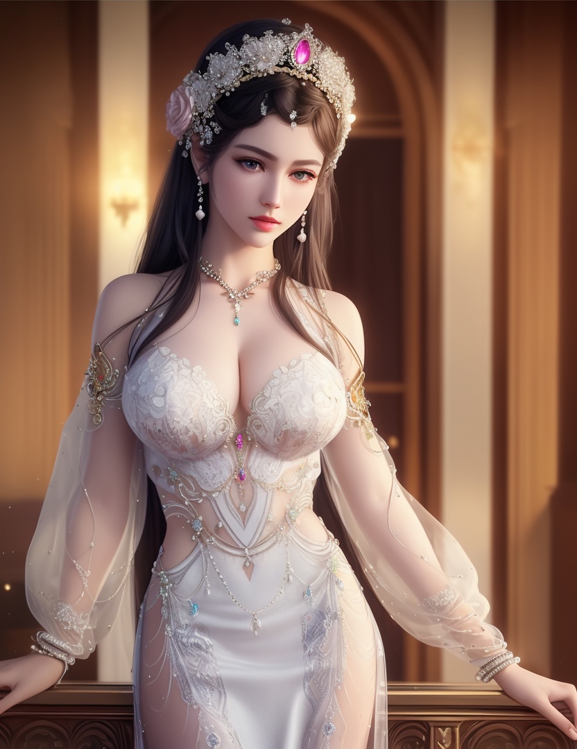 ultra realistic 8k cg, picture-perfect face, flawless, clean, masterpiece, professional artwork, famous artwork, cinematic lighting, cinematic bloom, perfect face, beautiful face, fantasy, dreamlike, unreal, science fiction,  beautiful clothes, lace, lace trim, lace-trimmed legwear,  (rich:1.4), prestige, luxury, jewelry, diamond, gold, pearl, gem, sapphire, ruby, emerald, intricate detail, delicate pattern, charming, alluring, seductive, erotic, enchanting, hair ornament, necklace, earrings, bracelet, armlet,halo((,1girl, pov,))(((,  1girl,  solo,looking at viewer, ))),(((1girl, solo, dress, jewelry,large breasts, )))<lora:DA_WhiteSnakeGreenSnake:0.7>