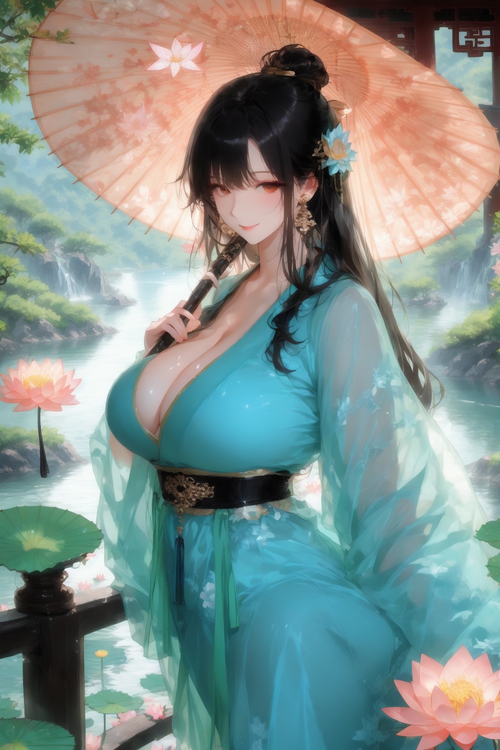 <lora:01仙媳第一版:1>,1girl,umbrella,solo,long hair,black hair,breasts,flower,hanfu,earrings,holding umbrella,jewelry,holding,lily pad,oil-paper umbrella,bridge,chinese clothes,large breasts,looking at viewer,architecture,lotus,dress,outdoors,east asian architecture,long sleeves,smile,butterfly,cleavage,bug,closed mouth,bangs,water,
