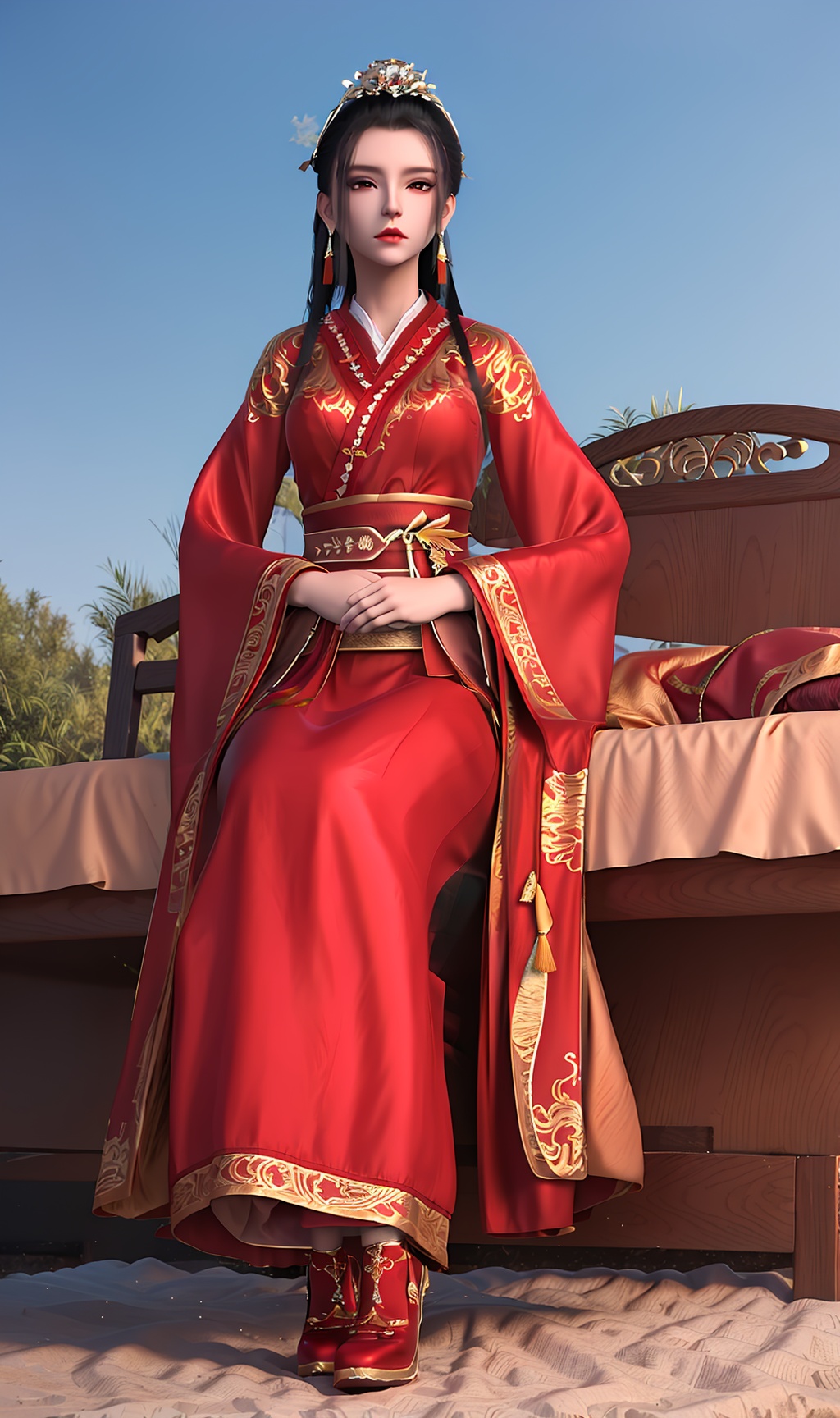 3D,masterpiece,(best quality),(makeup),official art, extremely detailed cg 8k wallpaper,((crystalstexture skin)), (extremely delicate and beautiful),(highly detailed),(1girl), (solo), (jewelry), (earrings),(white_hair),(long_hair),(hair_ornament),(handwear),(breasts),((sitting)),,(full_body),(whole_body),(collar),(tiara),(crown),,(tassel),,(dress),,(multicolored_clothes),(closed_mouth)(long_sleeved),(gold_trim),(long_dress),(long_skirt),(chinese_clothes),,(dress),(hanfu),(traditional_clothes)(sunshine, outdoor,bed),((looking_at_viewer)),((Facing the camera)), (shoes), (cloth_shoes),, <lora:hipoly3DModelLora_v10:0.3>