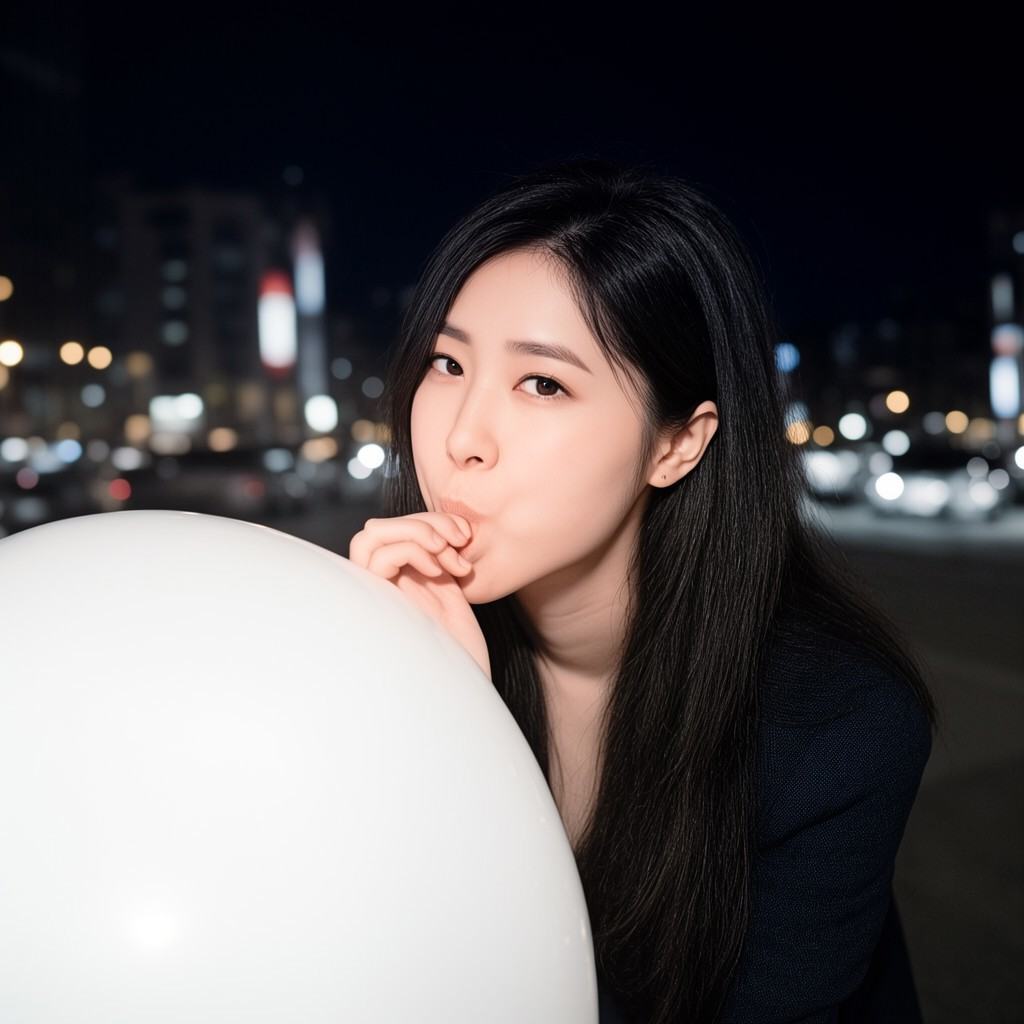 Korean woman blowing a white balloon at night on Tensor.Art