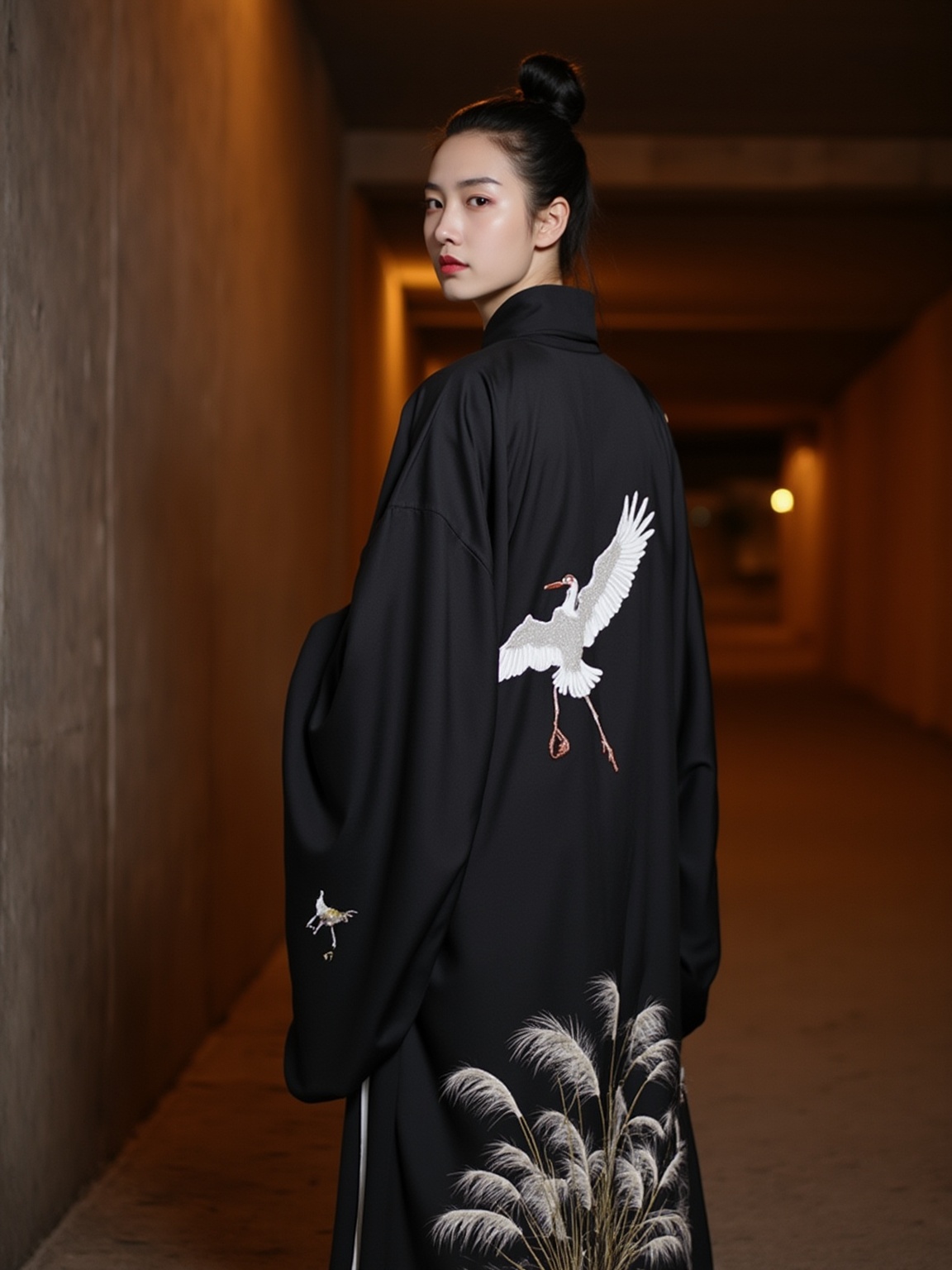 The photograph features a young person with an East Asian appearance, standing in a dimly lit, narrow tunnel with a rough concrete ceiling. The person's dark hair is styled in a traditional topknot, and they are wearing a striking black silk robe adorned with intricate embroidered details. The robe features a large, detailed design of a crane in flight, its wings spread wide, with its legs and tail gracefully extended. The robe also has a pattern of tall, feathery plants on the lower hem, adding a touch of nature to the design. The fabric of the robe is smooth and luxurious, with a subtle sheen that catches the light. The person's face is turned slightly towards the camera, giving a profile view. The background is dominated by the tunnel walls, which are illuminated by warm, yellowish lights, casting a soft glow that contrasts with the dark, elegant attire. The overall mood of the image is one of elegance and timeless beauty, capturing the essence of traditional Eastern attire in a modern, urban setting.