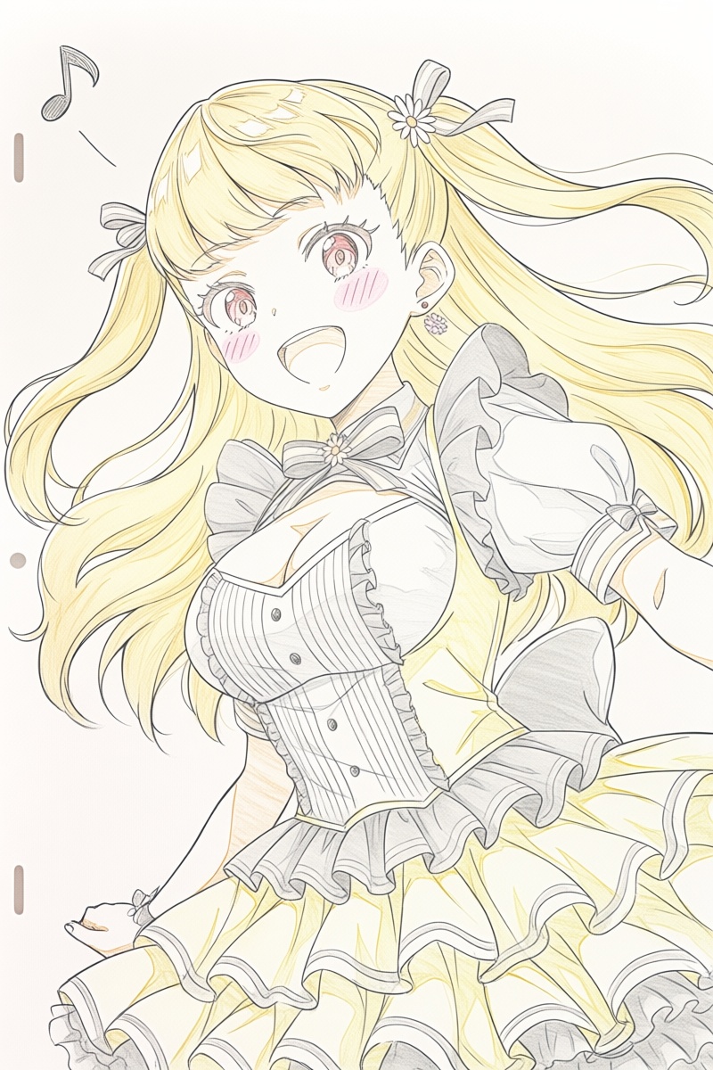 @ppst,  The image depicts a young woman with long blonde hair,  smiling widely. She has blush marks on her cheeks and is w...
