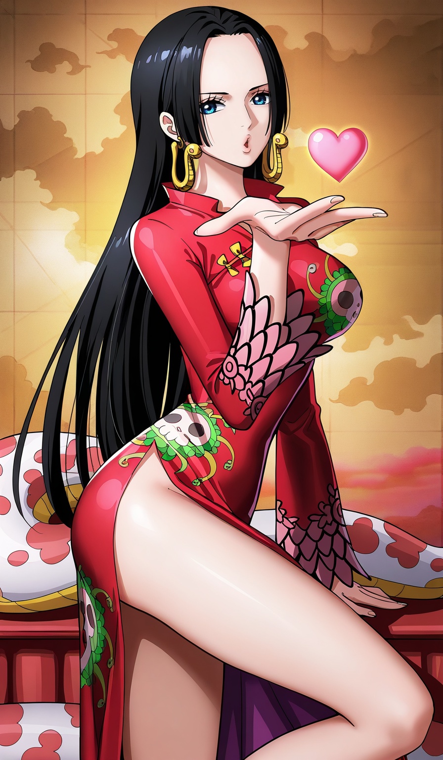 8k,best quality,masterpiece,(ultra-detailed),(high detailed skin),[artist:wlop],[artist:ningen_mame],artist:ciloranko,[[artist:rhasta]],artist:tidsean,looking at viewer,<lora:海贼女帝ILL:0.8>,nvdi,black hair,1girl,long hair,jewelry,earrings,boa hancock,blue eyes,1girl,black hair,long hair,solo,earrings,heart,jewelry,dress,blue eyes,chinese clothes,china dress,breasts,side slit,blowing kiss,