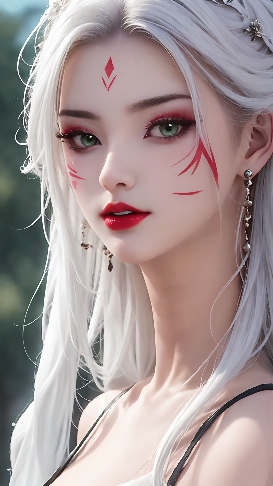 1girl,solo,green eyes,long hair,white hair,looking at viewer,facial mark,lips,blurry,portrait,forehead mark,red lips,bare shoulders,closed mouth,makeup,<lora:girl miaojiangxiaobai_20240912173536:0.7>,