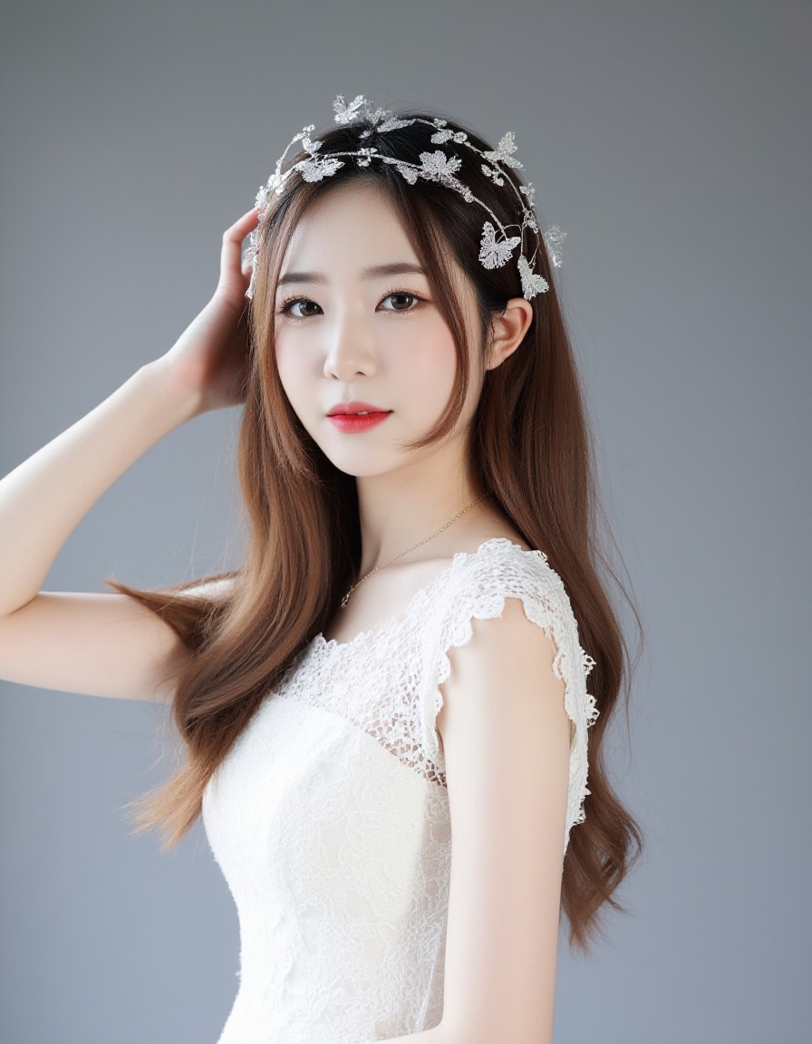 This is a photograph of a young Asian woman with fair skin and long, straight brown hair. She is wearing a white lace dress with intricate floral patterns. Her makeup is bold, featuring red lipstick and dark eye makeup. A delicate, silver headpiece with floral and butterfly motifs adorns her head. She stands against a gradient gray background, with one arm raised, touching her hair. The overall aesthetic is ethereal and elegant, emphasizing her soft features and the texture of the lace fabric.