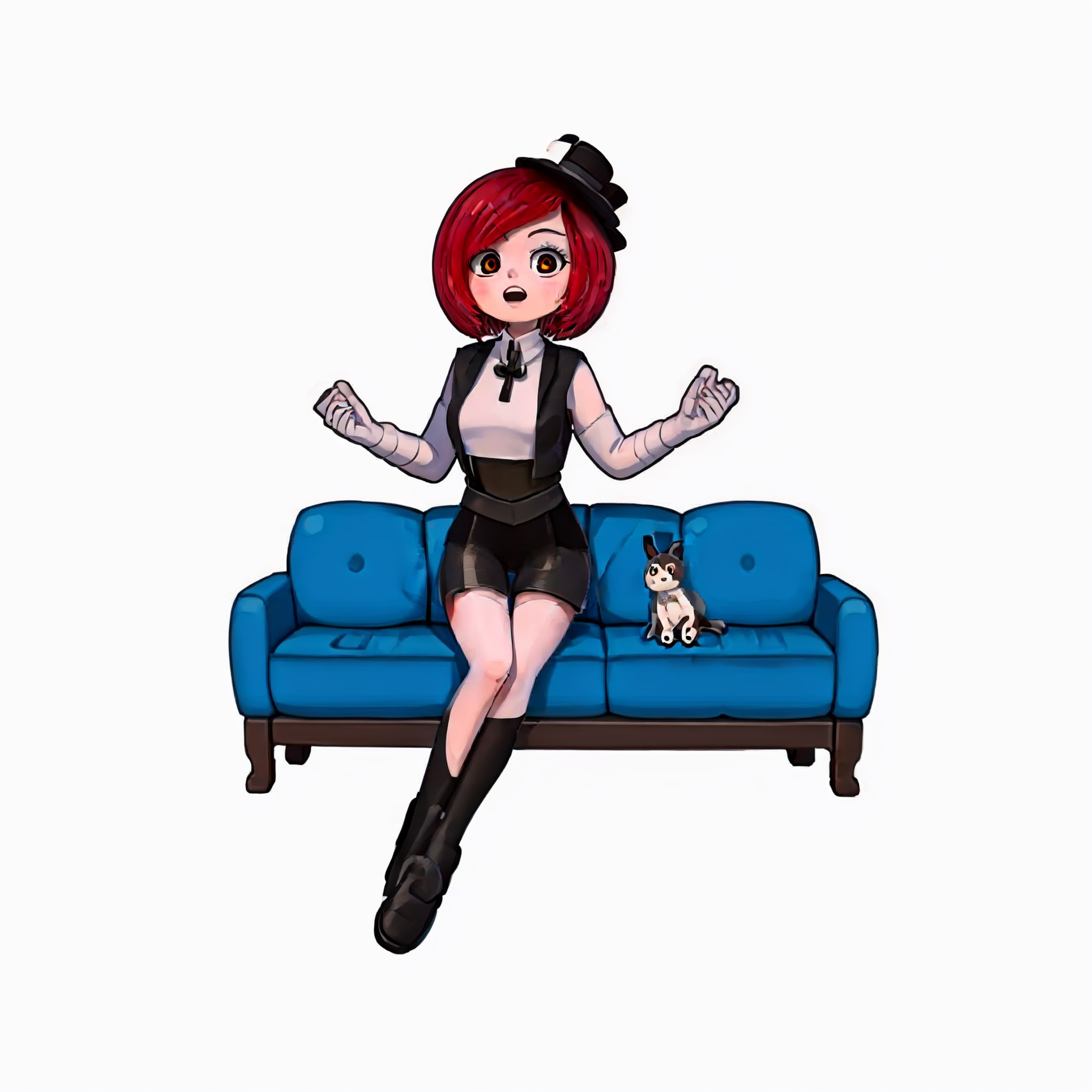 qijimiss(IP),Graphic illustration, GIRL, kwamiss,full body,red hair,Sitting on the couch, student, clean white background <lora:kwamiss v1-000020:0.8><lora:gurin V2-25:0.6>  