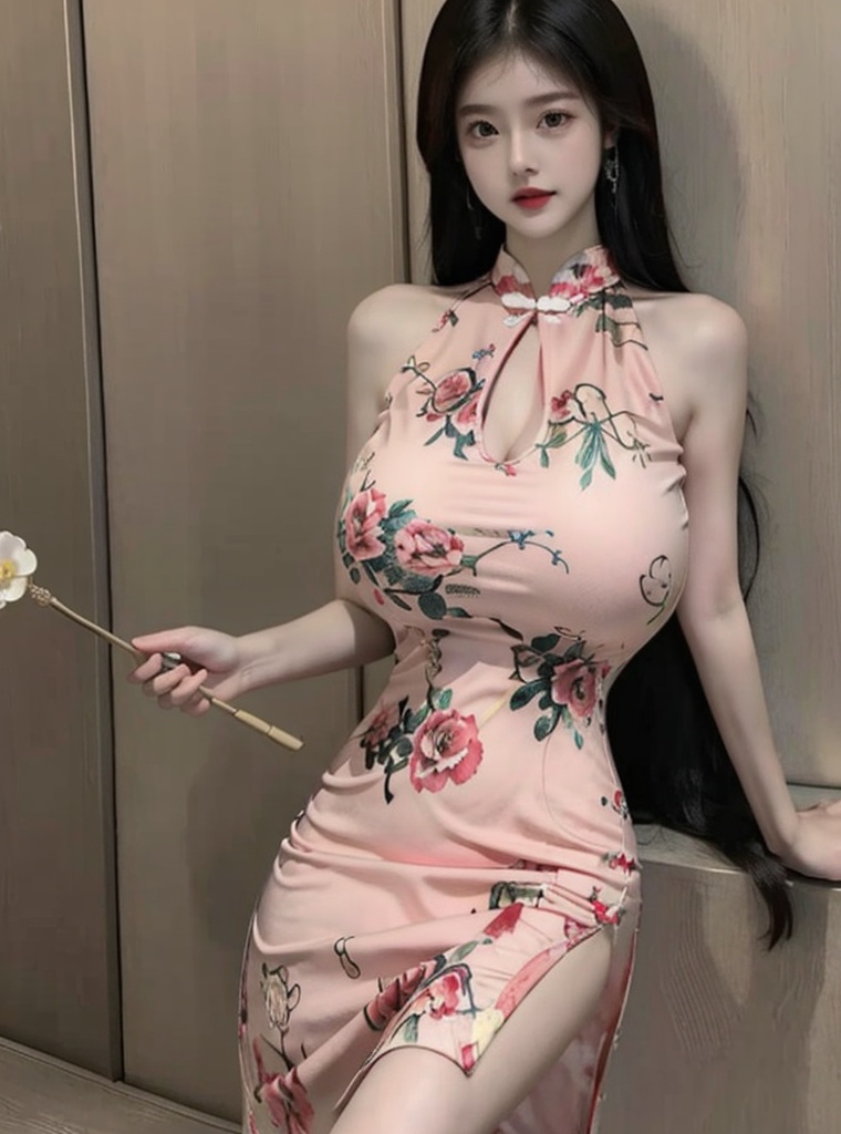 (masterpiece, best quality:1.4),finely detailed,1girl,solo,pale skin,perfect body,(gigantic breasts:1.2),standing,china dress,chinese clothes,dress,floral print,<lora:性感旗袍3-000006:0.75>,