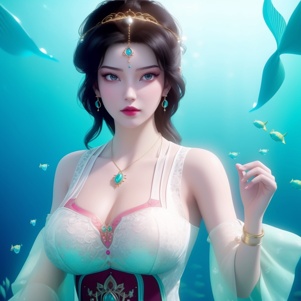 <lora:763-DA-仙逆-墨云:0.8>, (,1girl, ,best quality, ),looking at viewer,masterpiece, ((((, solo,  , ,solo focus, ,underwater, )))) ,ultra realistic 8k cg,   clean, masterpiece,     cinematic lighting, cinematic bloom,  (( , )),, , unreal, science fiction, luxury, jewelry, diamond, gold, pearl, gem, sapphire, ruby, emerald, intricate detail, delicate pattern, charming, alluring, seductive, erotic, enchanting, hair ornament, necklace, earrings, bracelet, armlet,,(cleavage),,