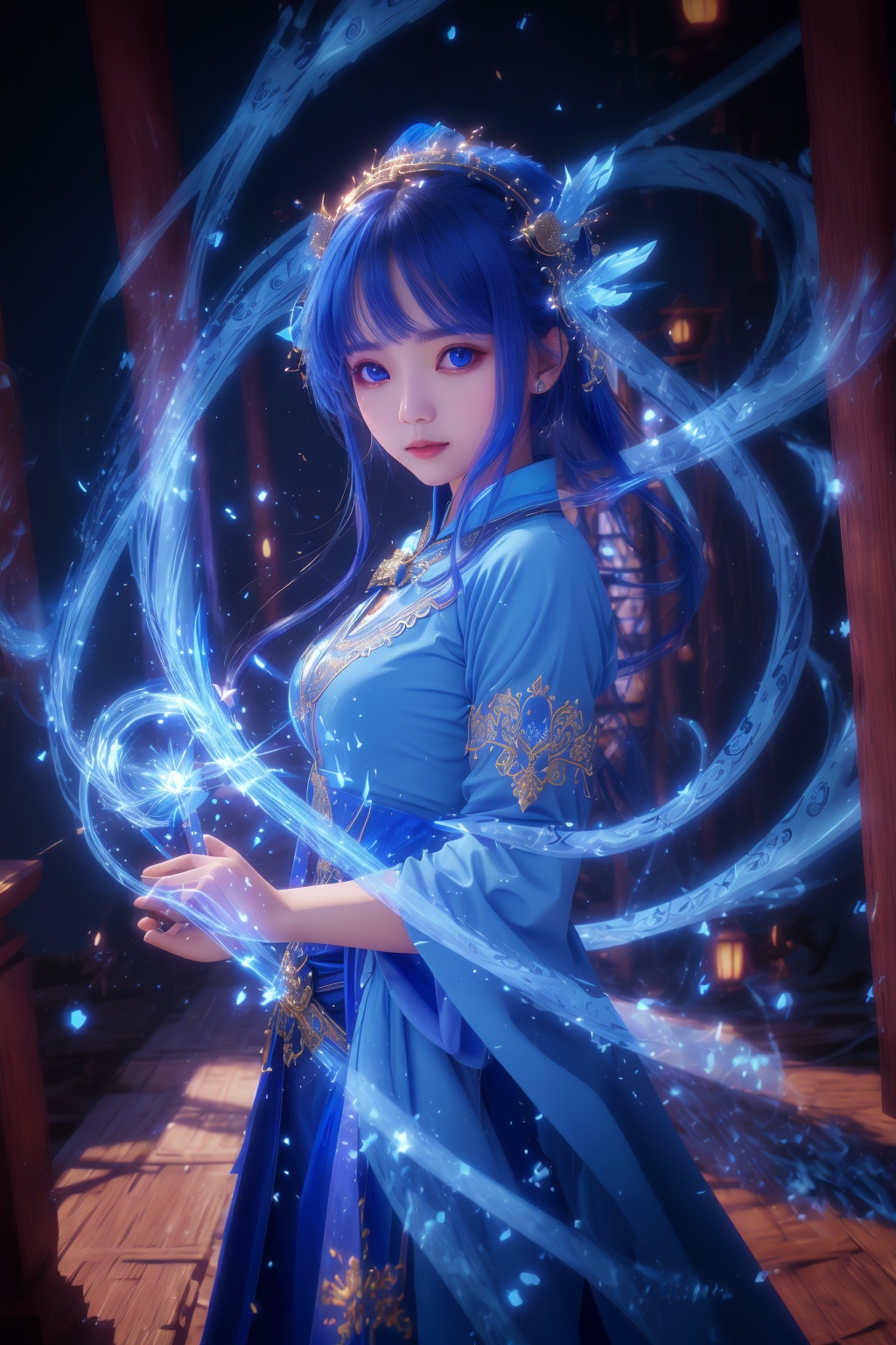 blue-aura,using blue-magic,blue-magic,ancient-costume,1girl,solo,<lora:magic_fighting_blue_with_reg_4_512_15:0.8>,