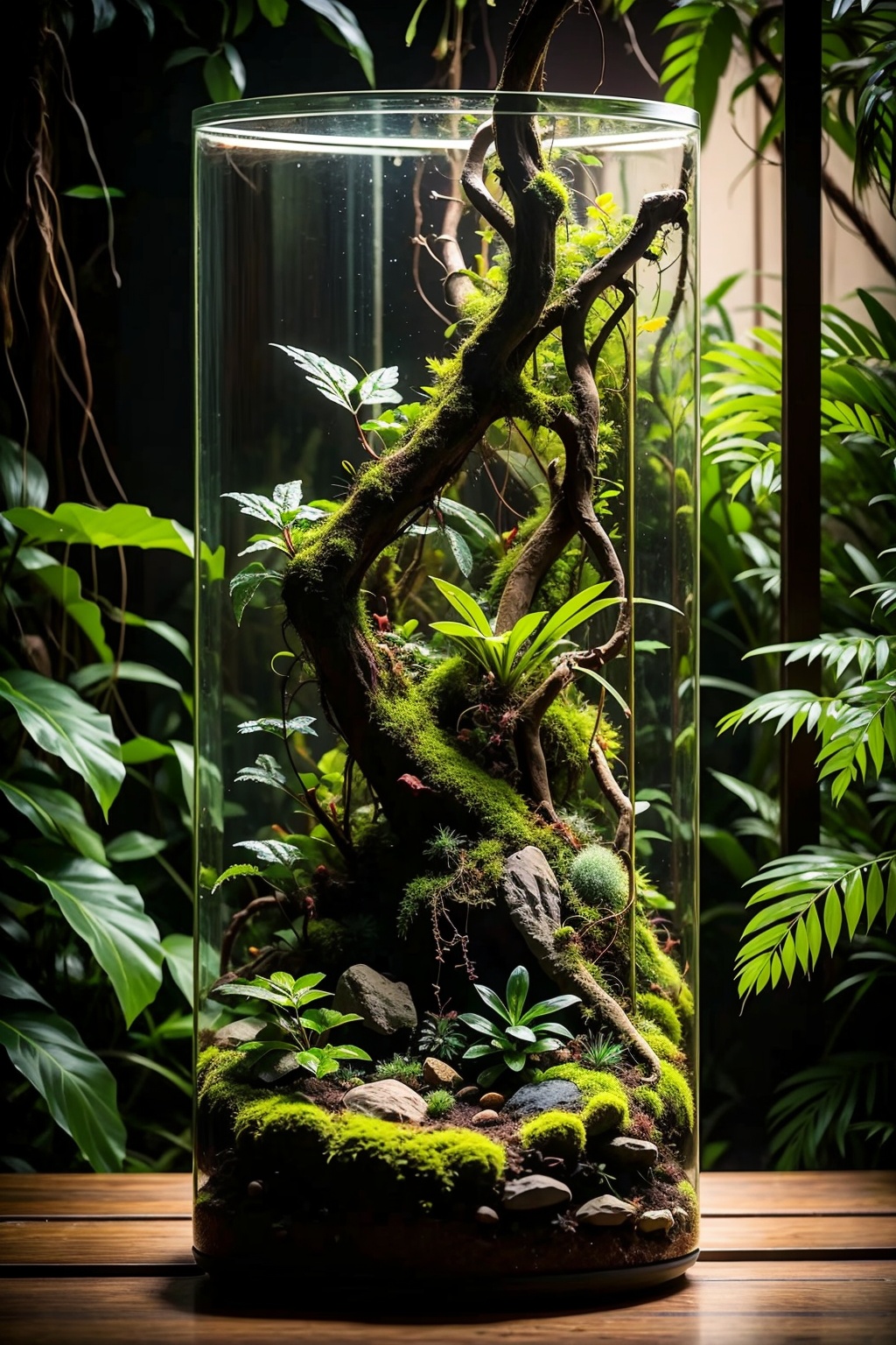 (masterpiece:1.2),best quality,highres,extremely detailed CG,perfect lighting,8k wallpaper,photograph,photorealistic,glass cylinder,plant distribution,depth of field,nature,skeleton structure,micro-landscape,primary and secondary clear,<lora:FF_20240117155356-000005:0.7>,