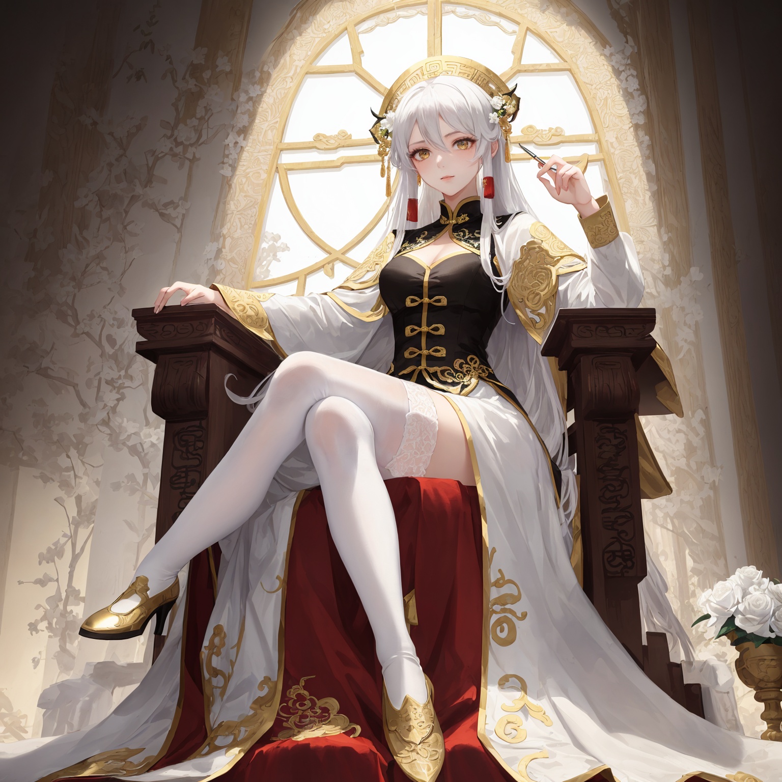 ((( masterpiece ))),(( best quality )),(( intricate detailed )),(\ shen ming shao nv )),1girl,sitting on throne,long hair,white hair,white dress,aureate line,aureate eyes,white stocking,golden eyes,flowers,white_hall,<lora:国风插画SDXL:1>,