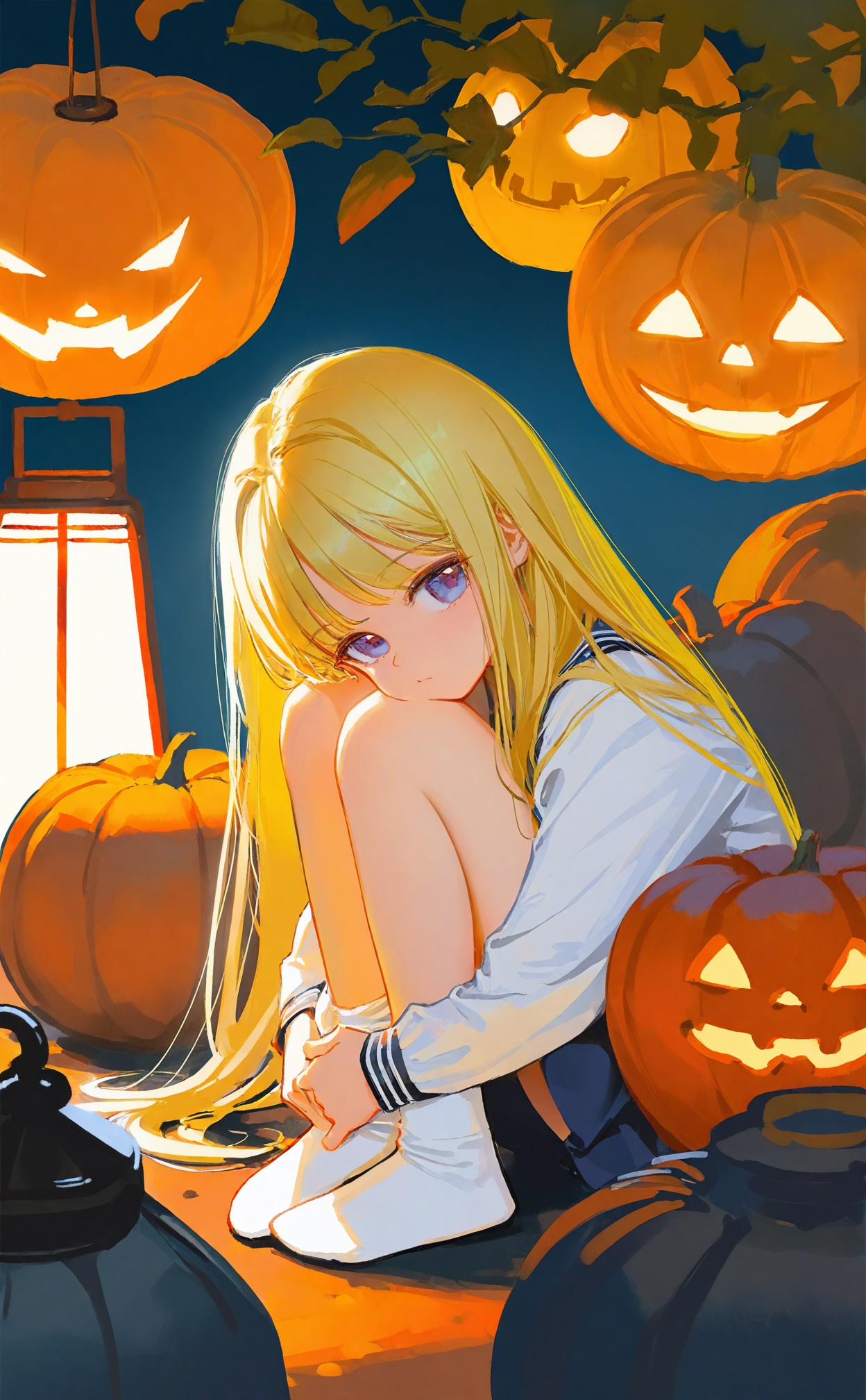 masterpiece,best quality,high quality,loli,(artist:ningen_mame:0.9),(artist:sho_(sho_lwlw):0.9),(artist:rhasta:0.9),(artist:wlop:0.7),(artist:ke-ta:0.6),(fkey:0.5),(tianliang duohe fangdongye:0.5),(hiten \(hitenkei\):0.6),loli,artist:ciloranko,artist:chenbin,artist:tianliang duohe fangdongye,bright outline,1girl,solo,long_hair,blonde_hair,sitting,socks,pumpkin,lantern,