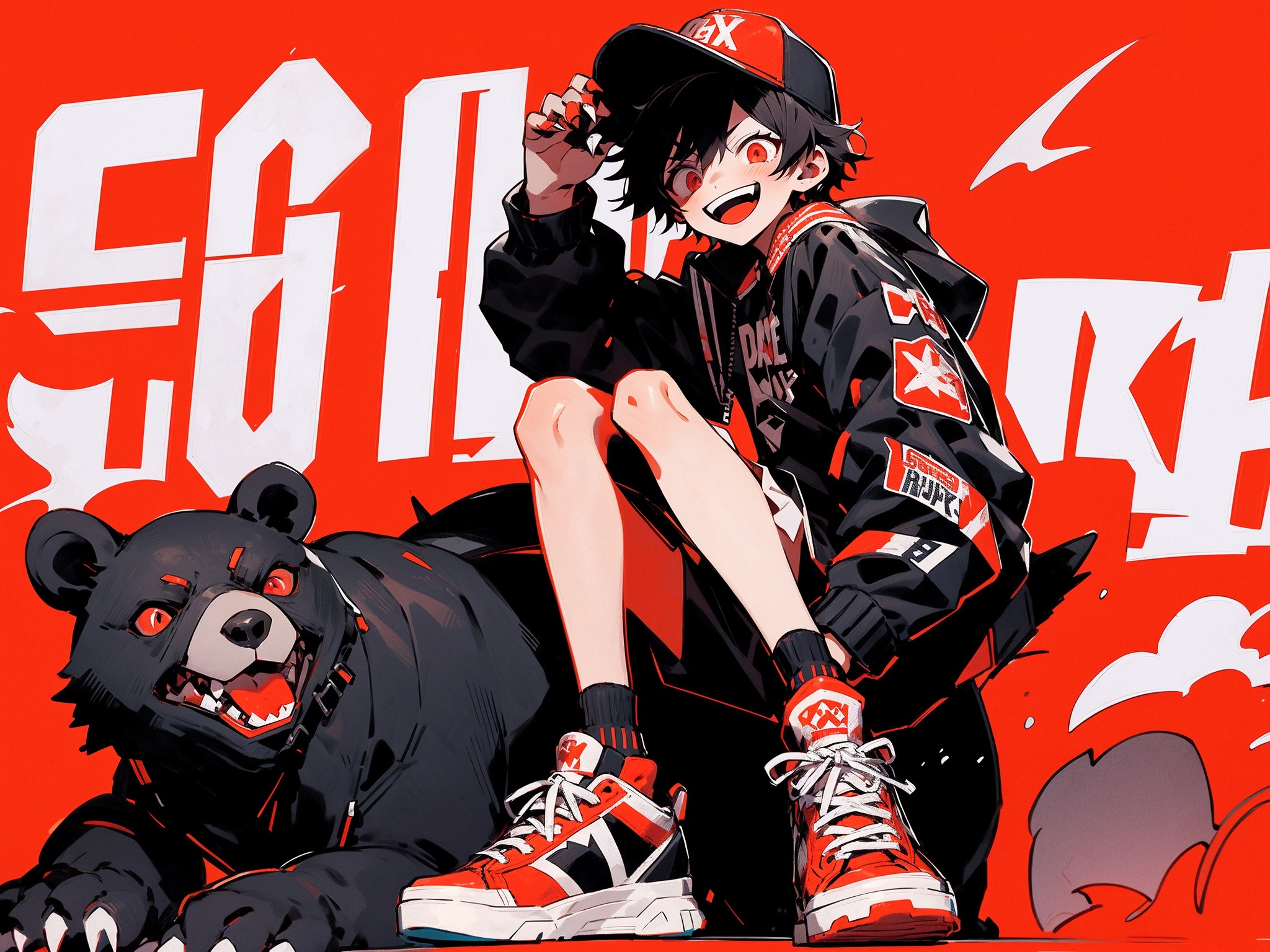 HTTP, jacket, hat, black hair, shoes, open mouth, shorts, black jacket, bear, looking at viewer, male focus, black shorts, 1boy, print jacket, smile, red footwear, long sleeves, shirt, short hair, baseball cap, sneakers, black headwear, solo, claws, red eyes, full body, open clothes<lora:HTTP_20231206170112-000010:1>