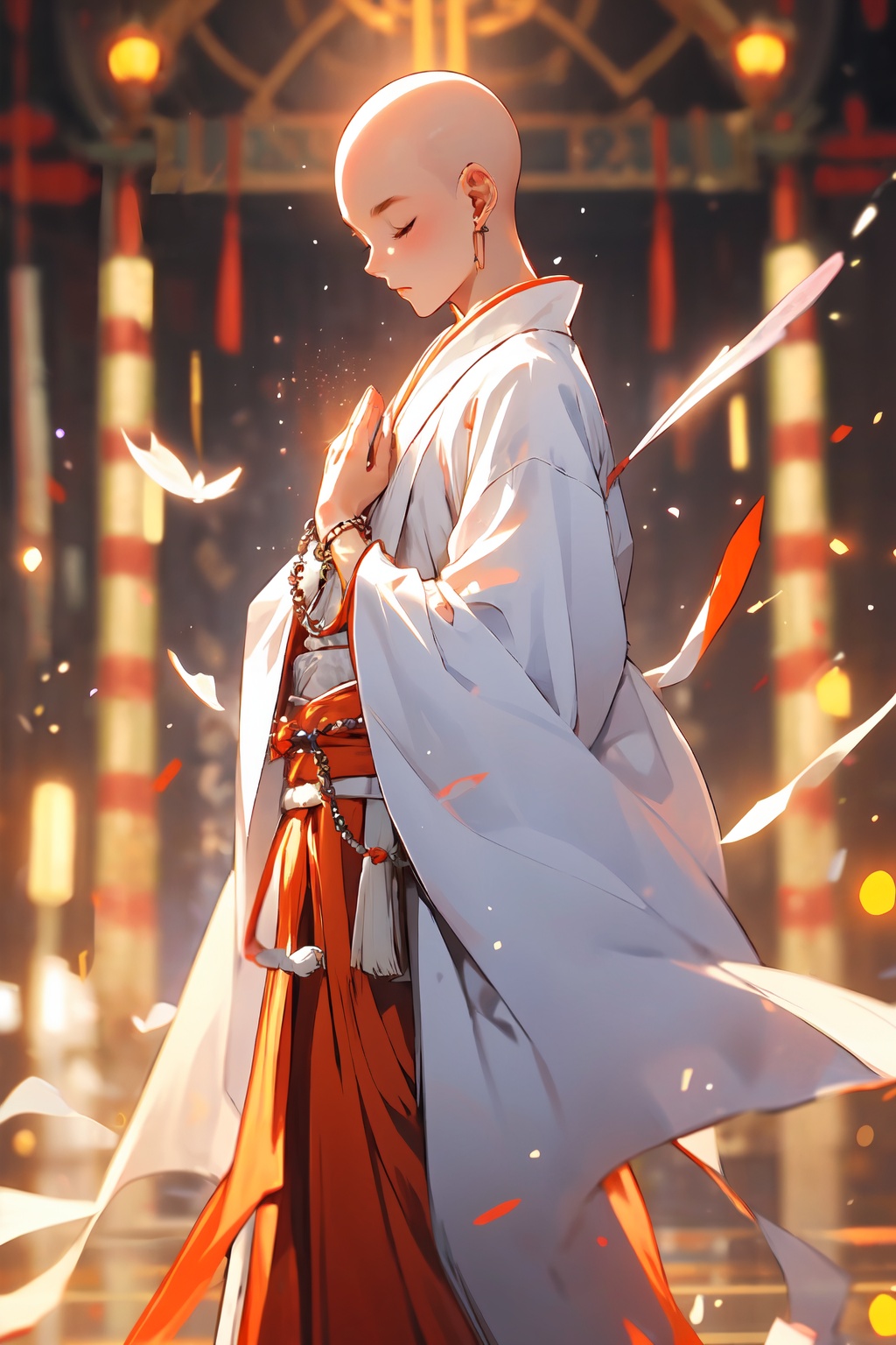 monk, solo, male focus, 1boy, closed eyes, bald, robe, wide sleeves, bracelet, standing, long sleeves, closed mouth, light particles, white robe, prayer beads, leaf, bamboo, outdoors, stud earrings, ribbon, from side, cowboy shot, sparkle, depth of field，put your hands on your chest, highlights on the top of the head, light particle, foreground blurring, chinese monk's white kasaya clothes, <lora:yiling_玉面小僧:0.7>