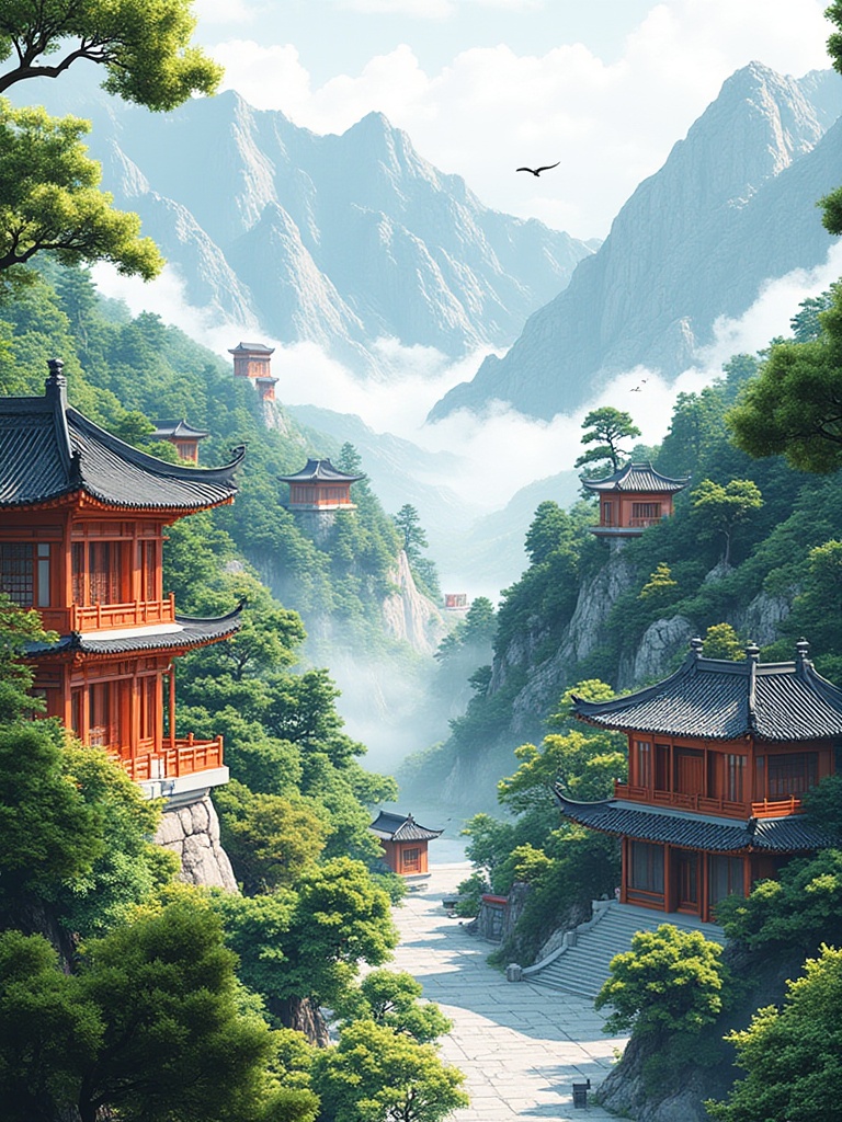 miluo_zsss,Chinese landscape architecture, A kickass digital painting of a peaceful East Asian temple surrounded by lush greenery and towering mountains. The scene features traditional wooden pagodas and intricately designed buildings with curved roofs, all set against a misty, mountainous backdrop with a few birds flitting about. <lora:miluo丨中式山水-1.4:1>