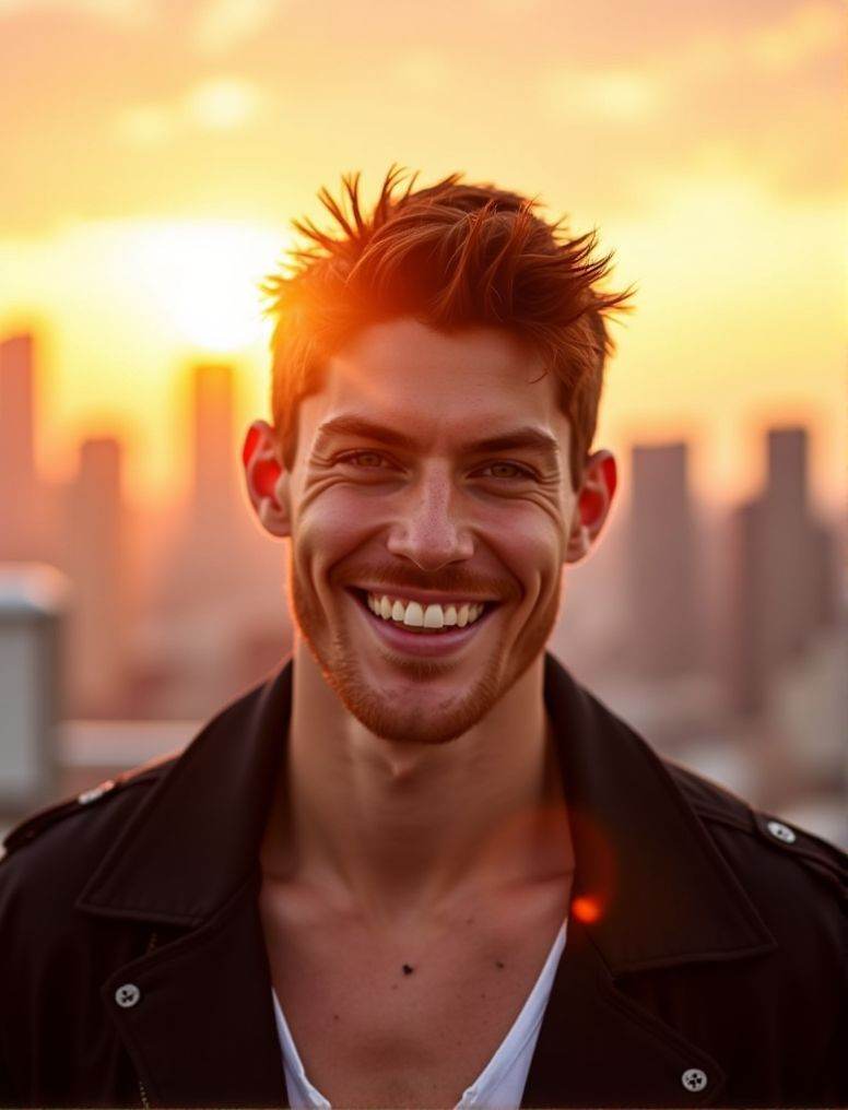Ken Bek ,  In the heart of a bustling city,  under the soft glow of a golden hour sunset on Tensor.Art