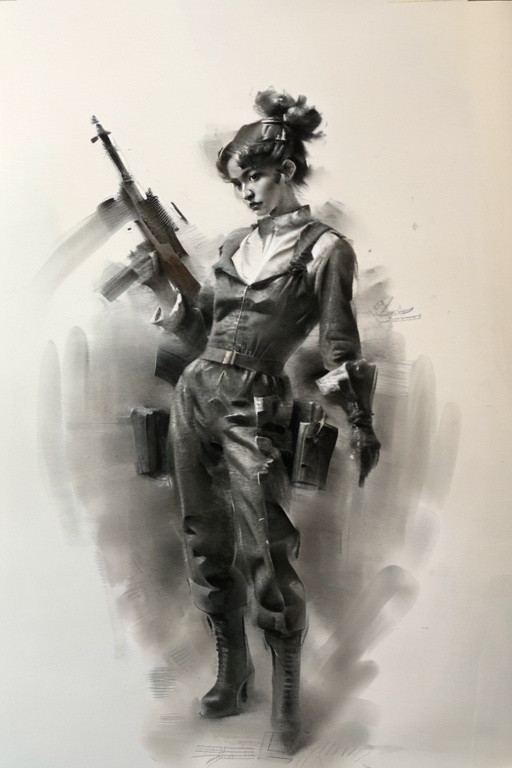 ((masterpiece)), best quality, perfect anatomy,8K wallpaper,1girrl, full body, standing, hair ornament, jumpsuit, leather boots, gloves,hand up ,holding rifle, double bun,<lora:mCharcoalStick_v1:0.9>